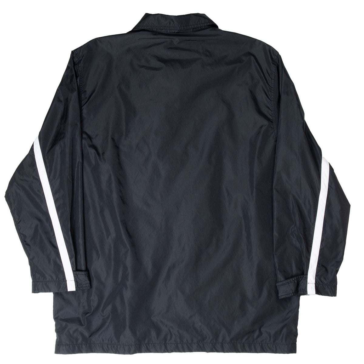 Back of black Nike windbreaker with white stripes along the sleeves