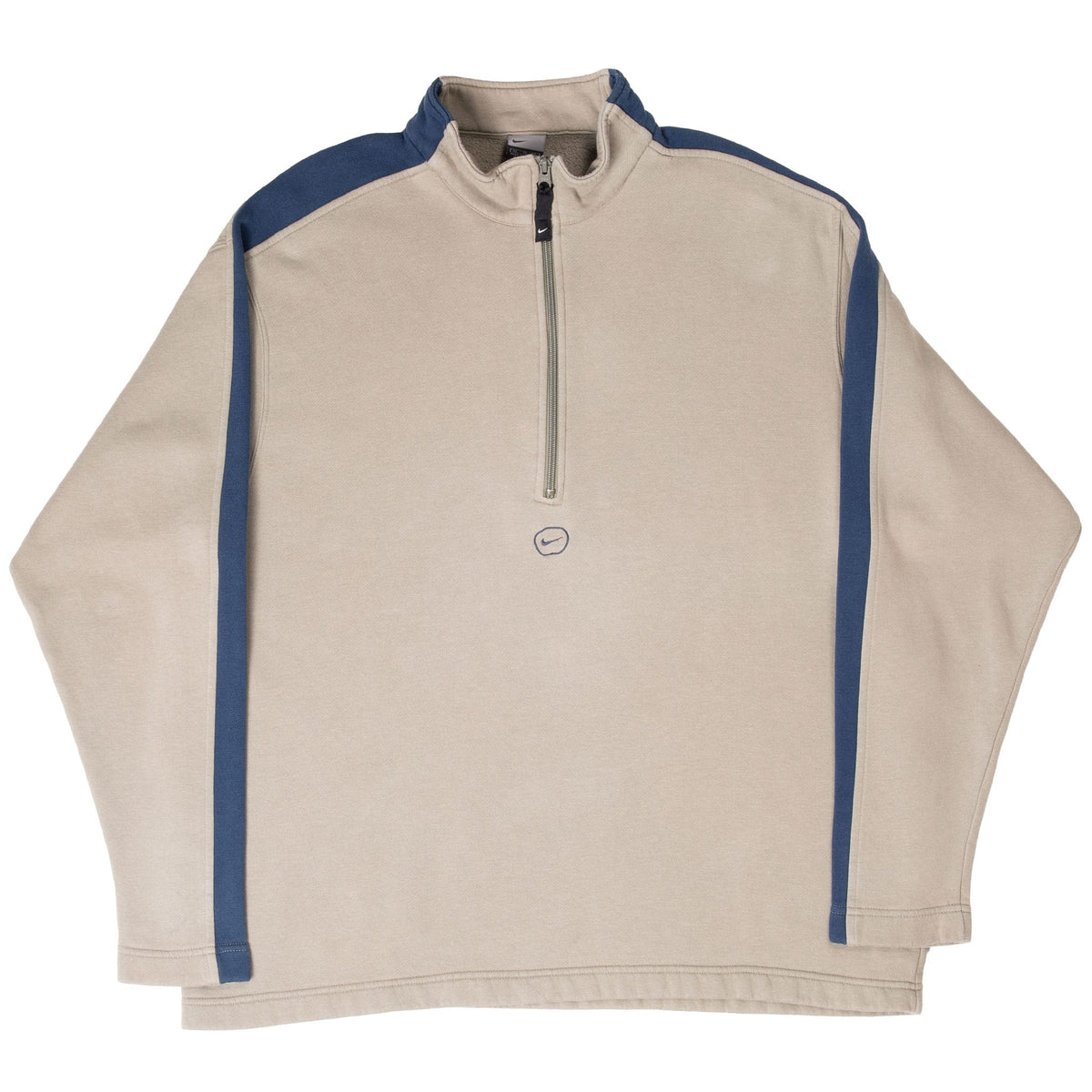 Full front view of beige Nike quarter-zip sweatshirt with centered Swoosh embroidery