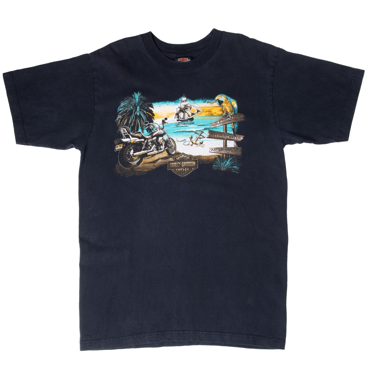 Full front view of black Harley-Davidson T-shirt with tropical motorcycle scene