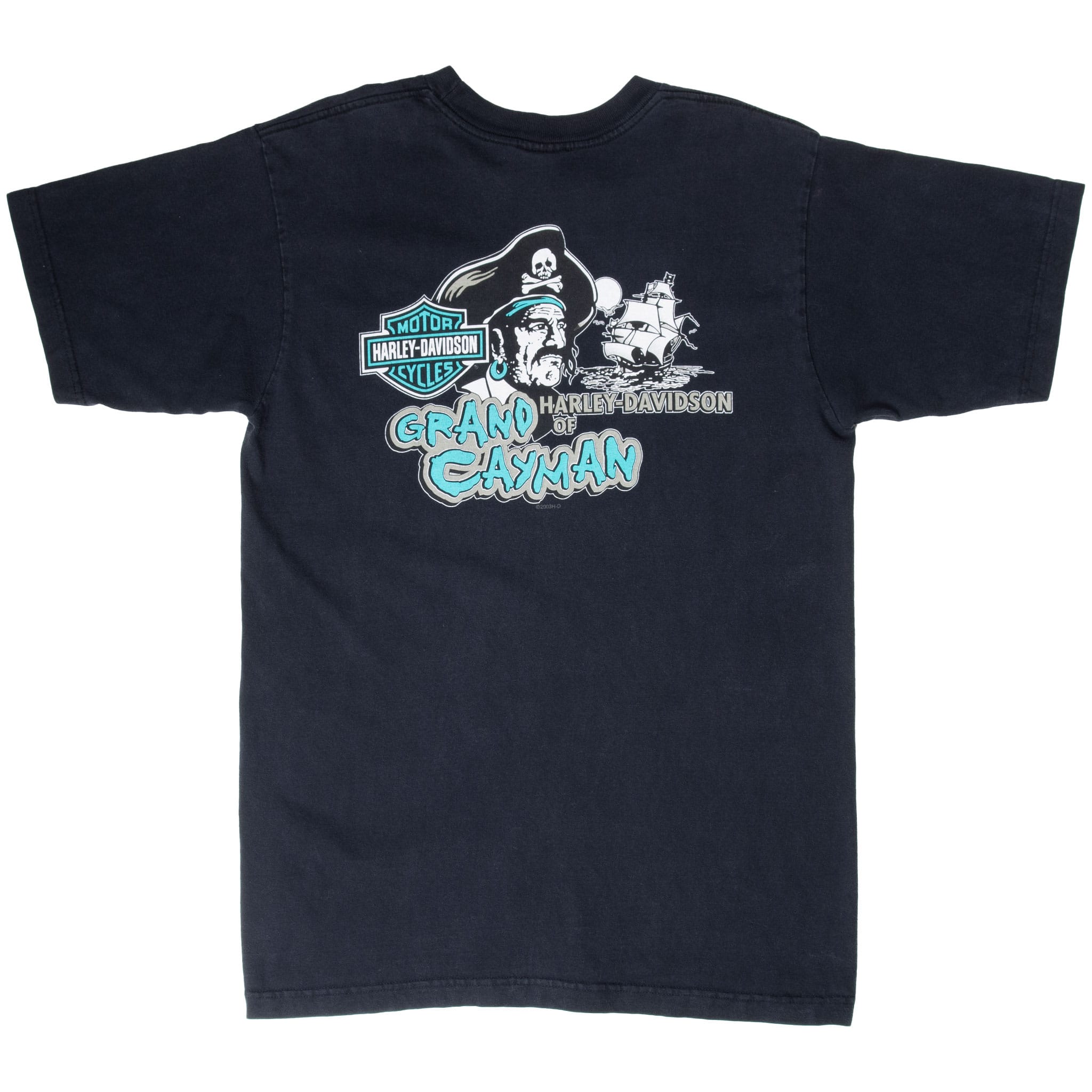 Back of black Harley-Davidson Grand Cayman T-shirt with pirate and sailing ship graphic