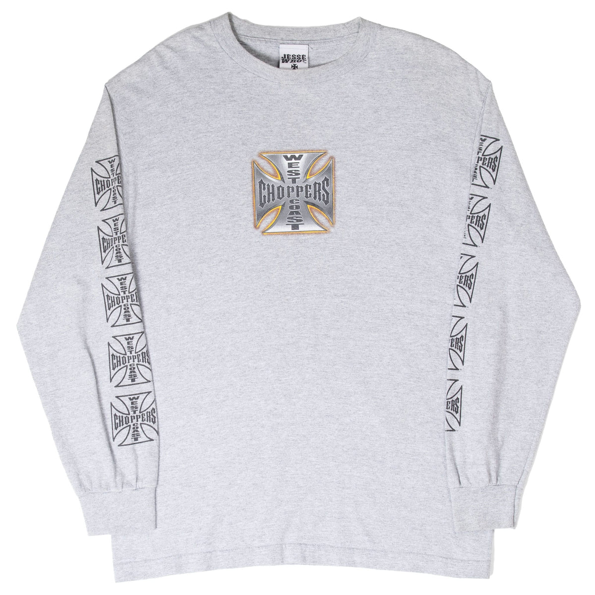 Front of gray West Coast Choppers long-sleeve tee showing cross logo and printed sleeves