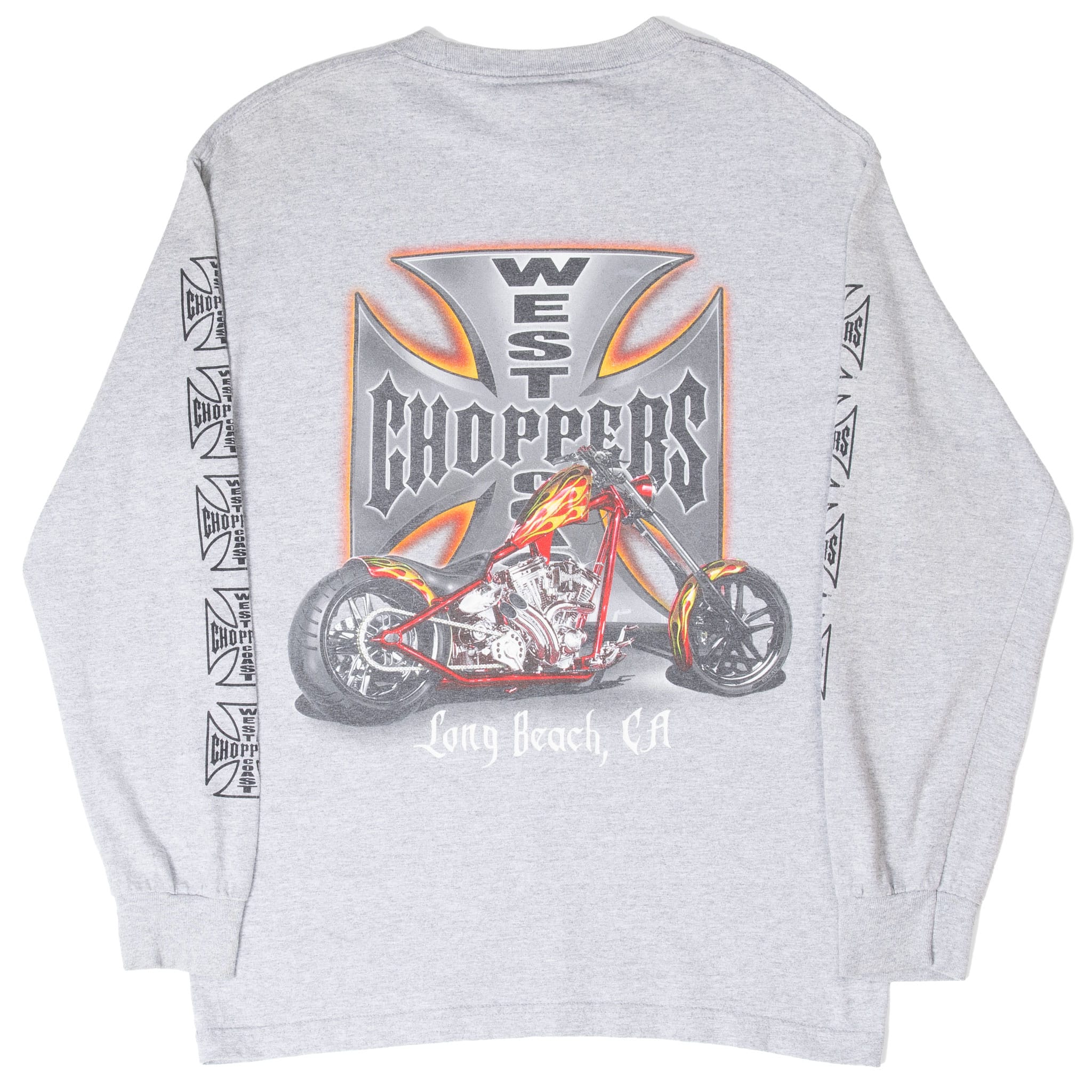Back of gray West Coast Choppers shirt with custom motorcycle and Long Beach, CA graphic