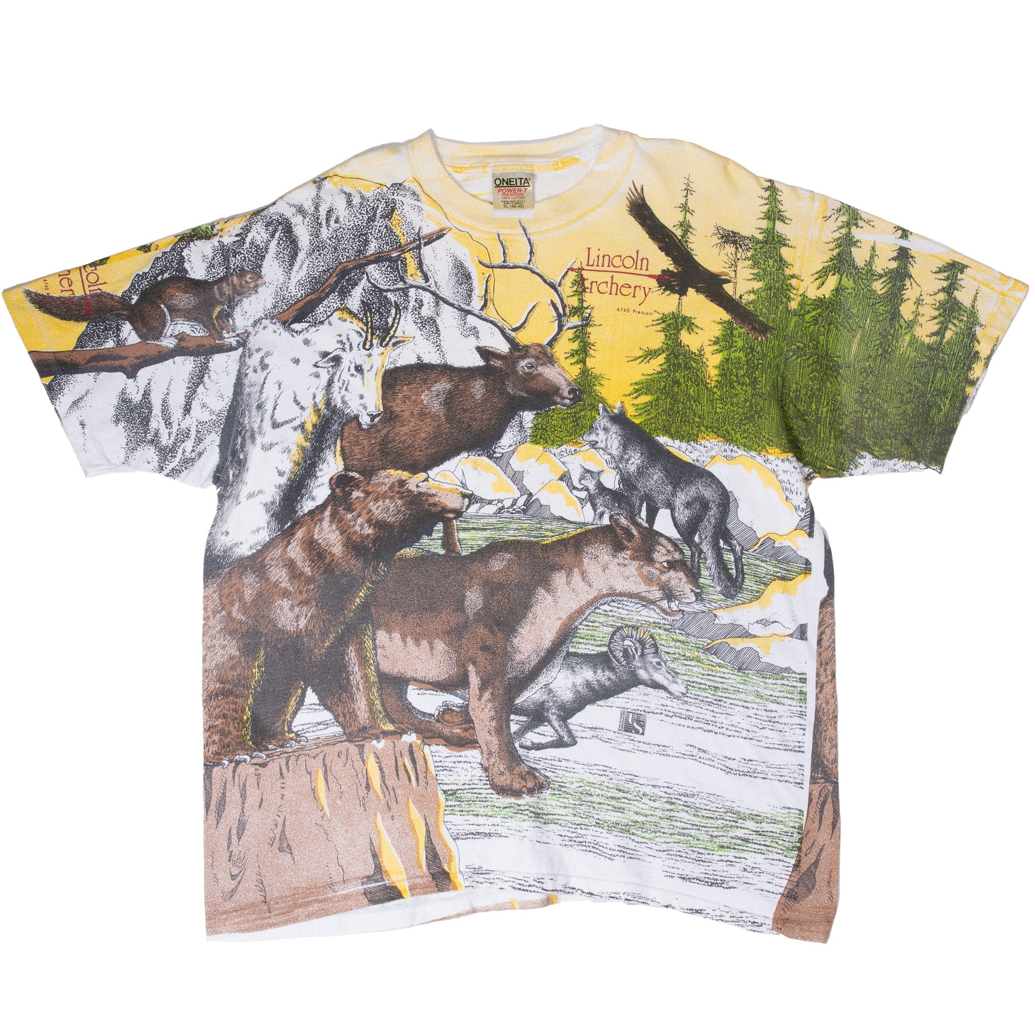 Full front of Lincoln Archery crew neck T-shirt with multicolor wildlife and mountain print