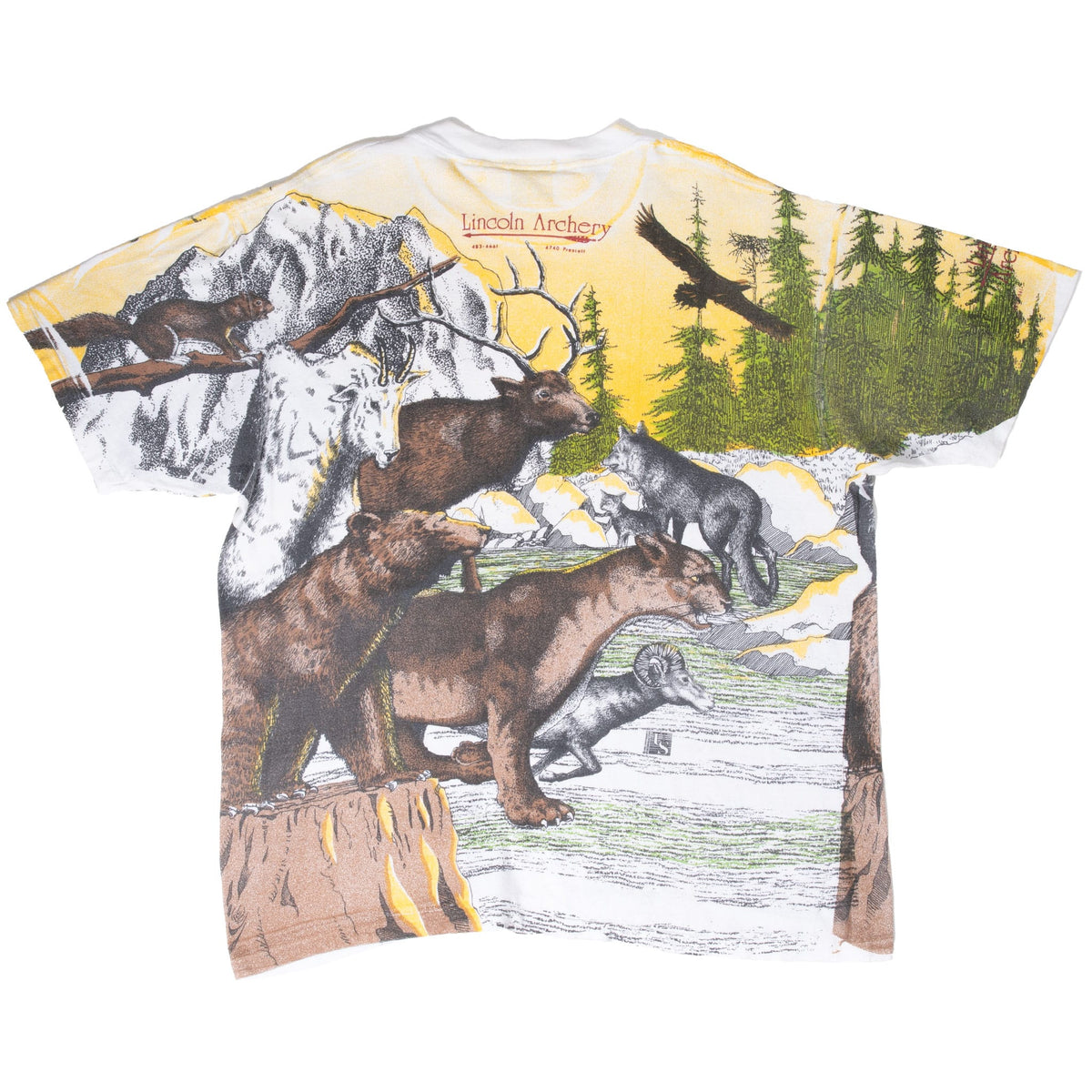 Back of Lincoln Archery T-shirt with elk, bear, mountain lion, wolf and eagle forest graphic