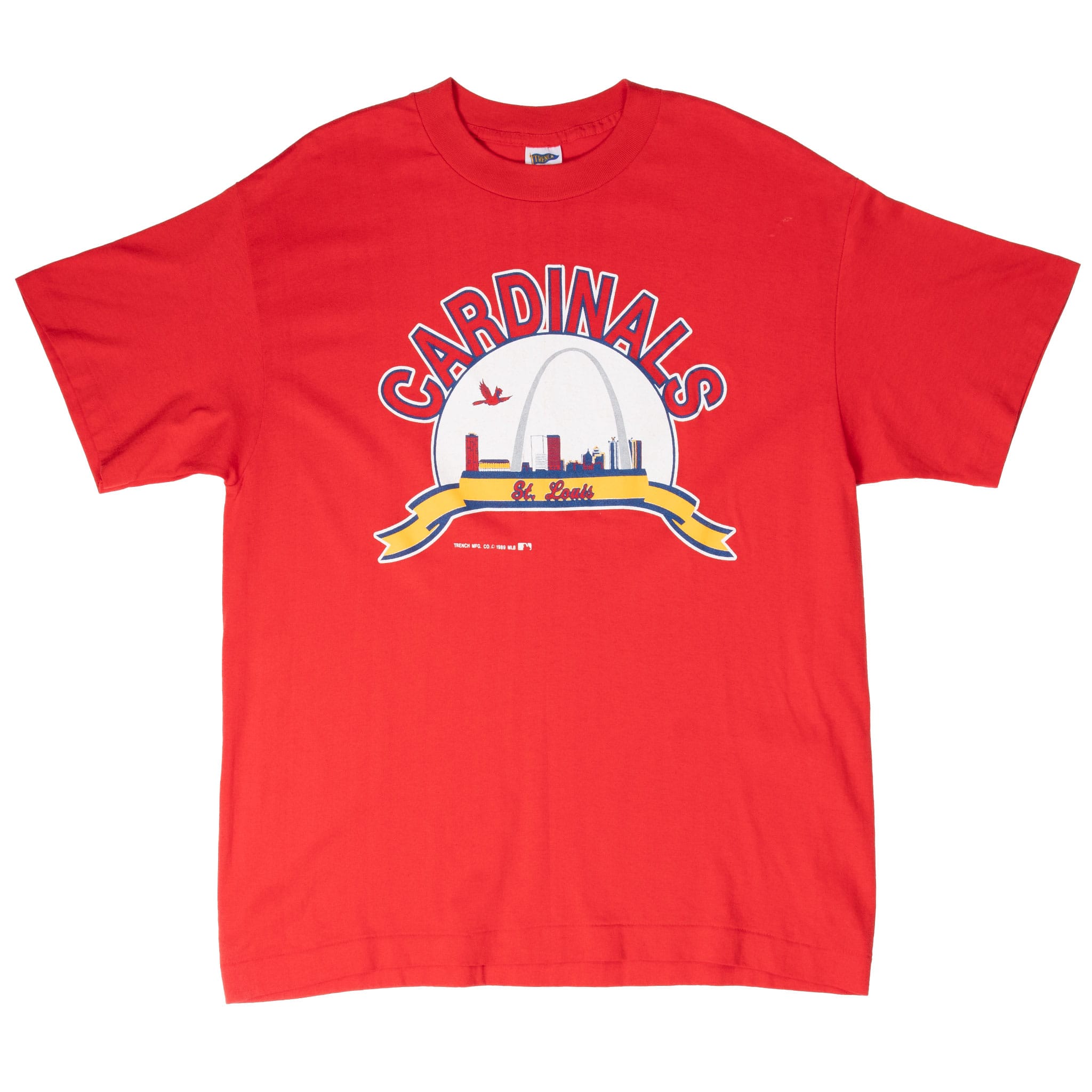 Full front of red St. Louis Cardinals crewneck T-shirt with skyline and Gateway Arch print