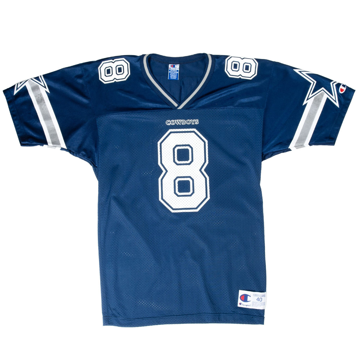 Front of navy Champion Dallas Cowboys Troy Aikman #8 jersey with star sleeves