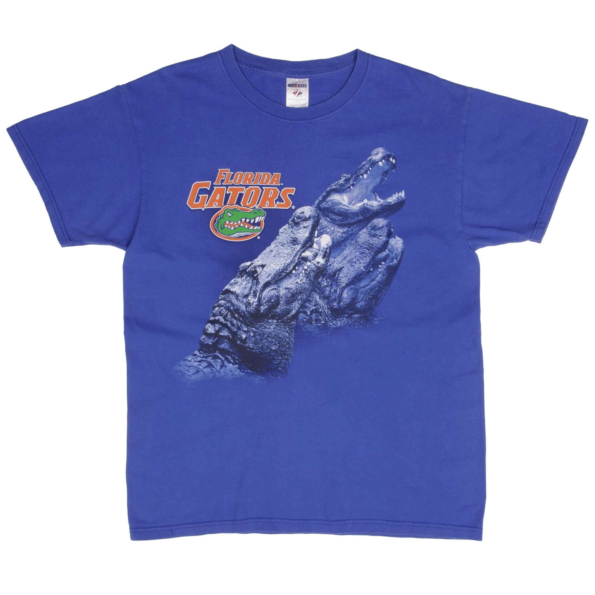 Full front of blue Florida Gators T-shirt with logo and alligator print