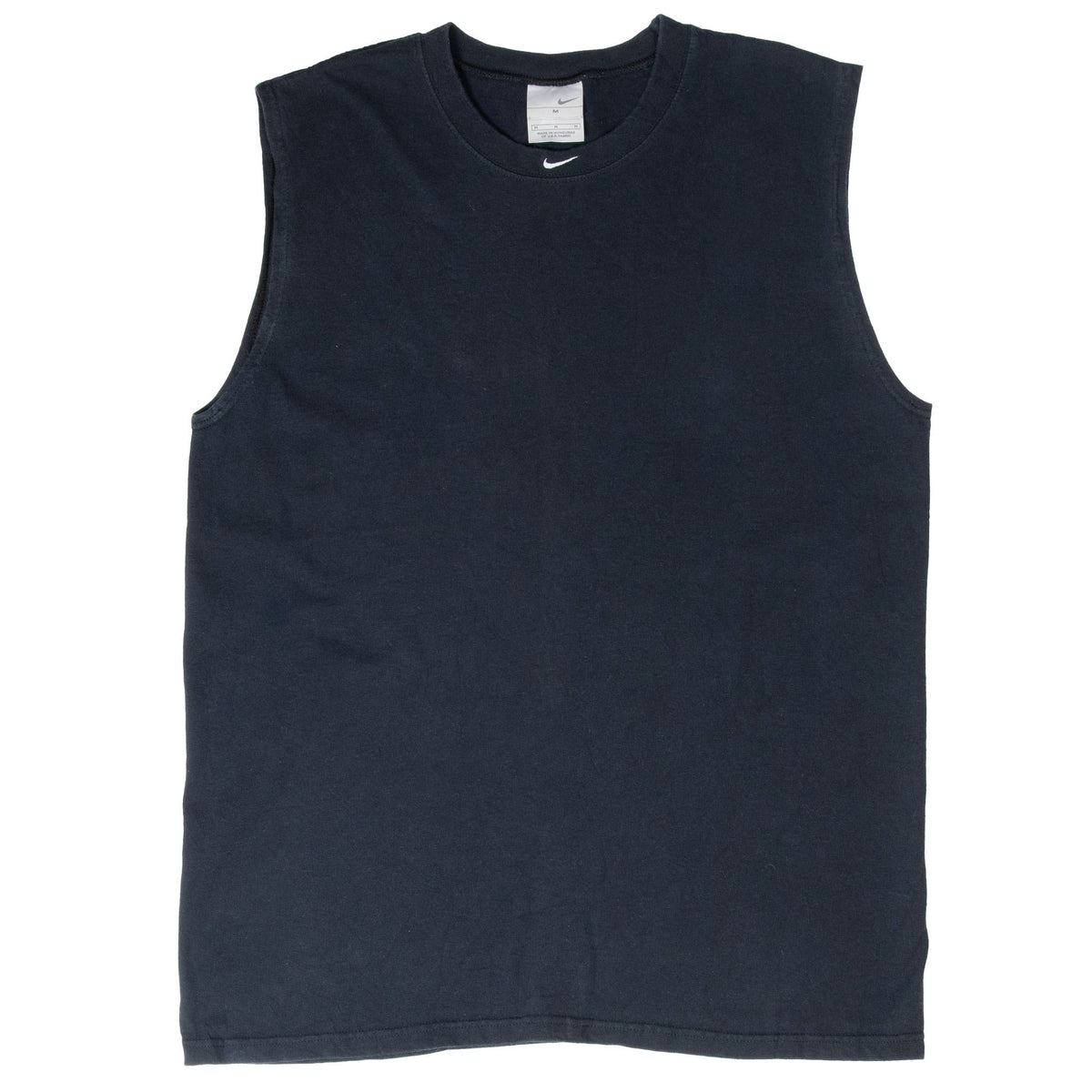 Front of black Nike sleeveless tank top with small white Swoosh embroidery at the neckline