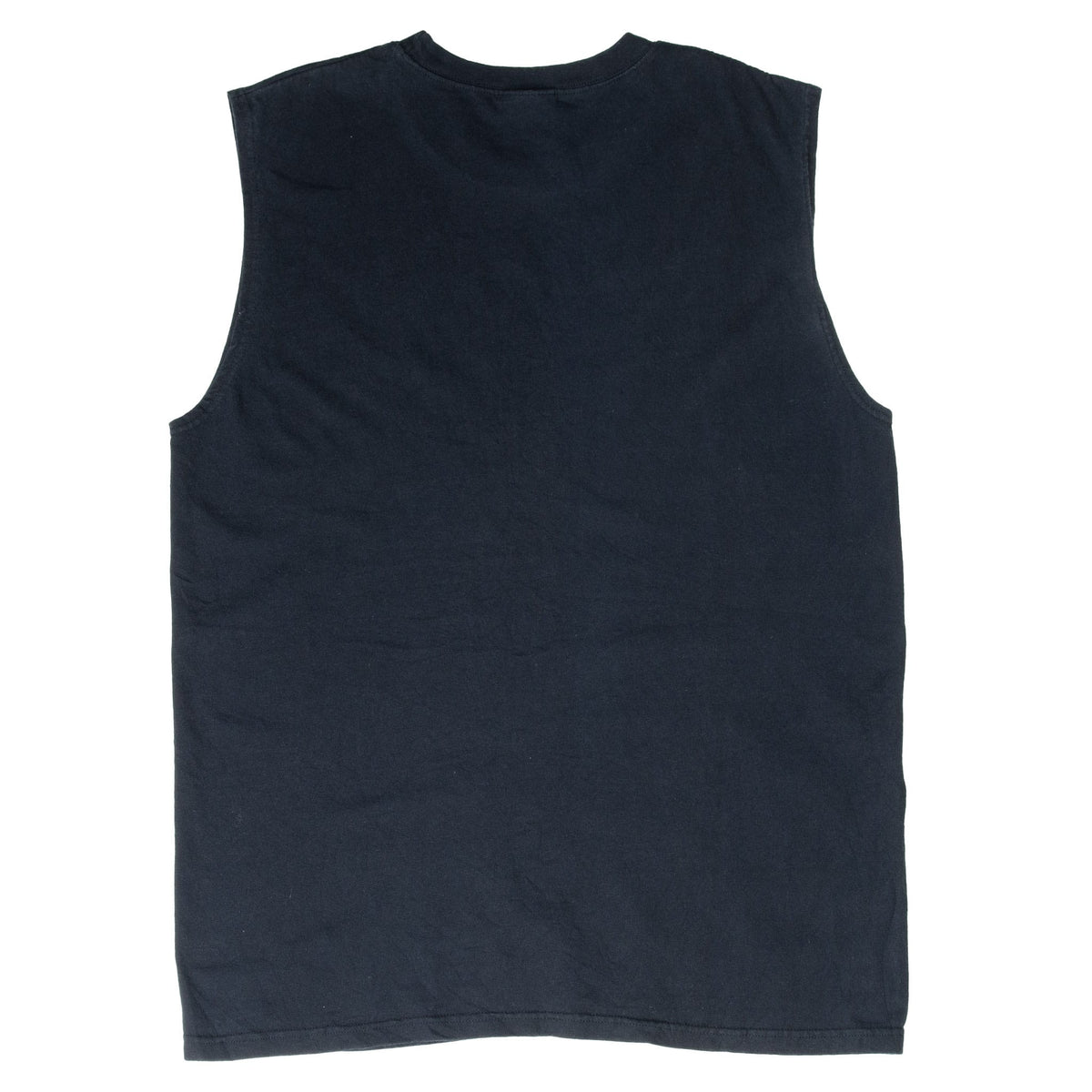 Back of black Nike sleeveless tank top with crew neck and wide shoulder panels