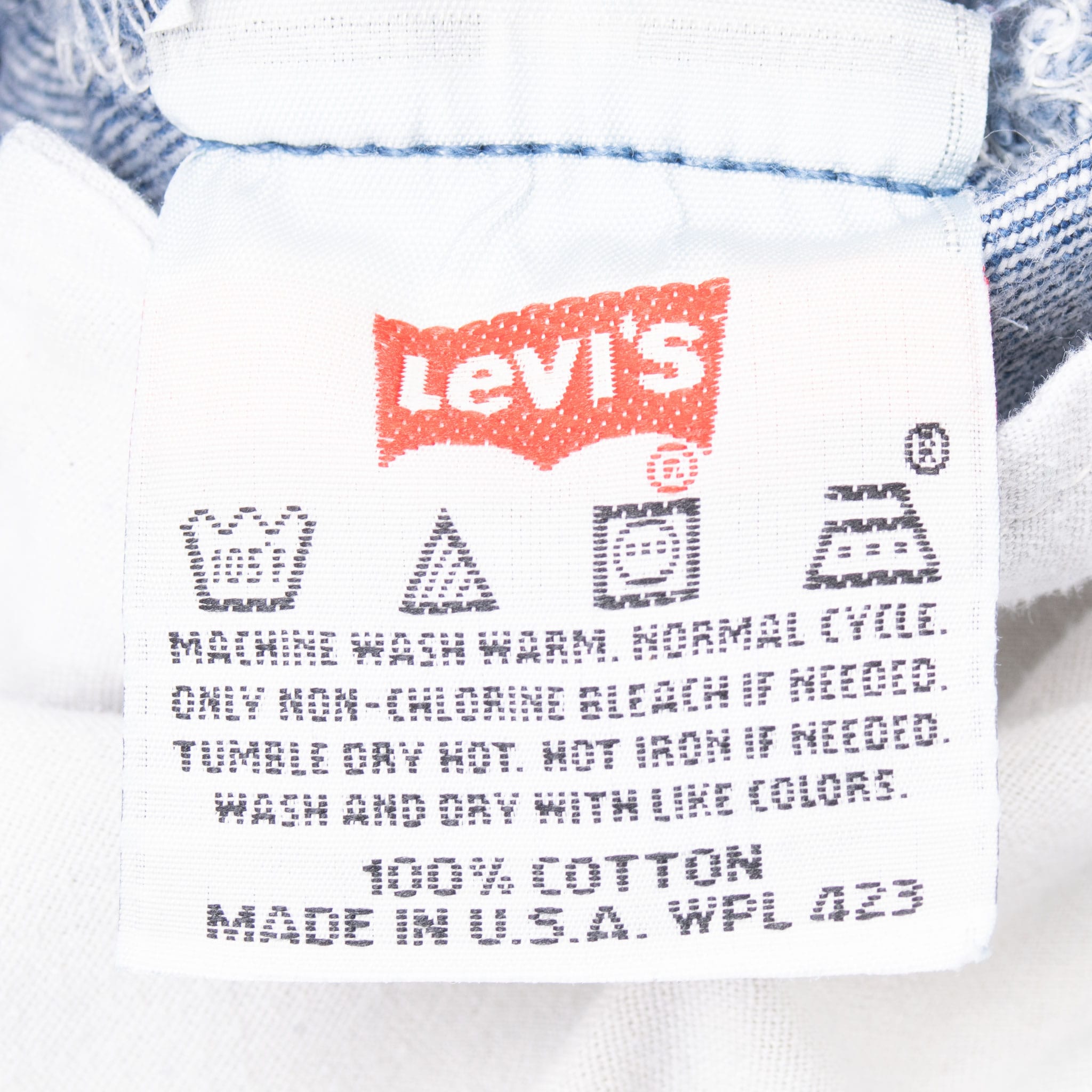 Levi's care label with washing instructions and Made in U.S.A. text