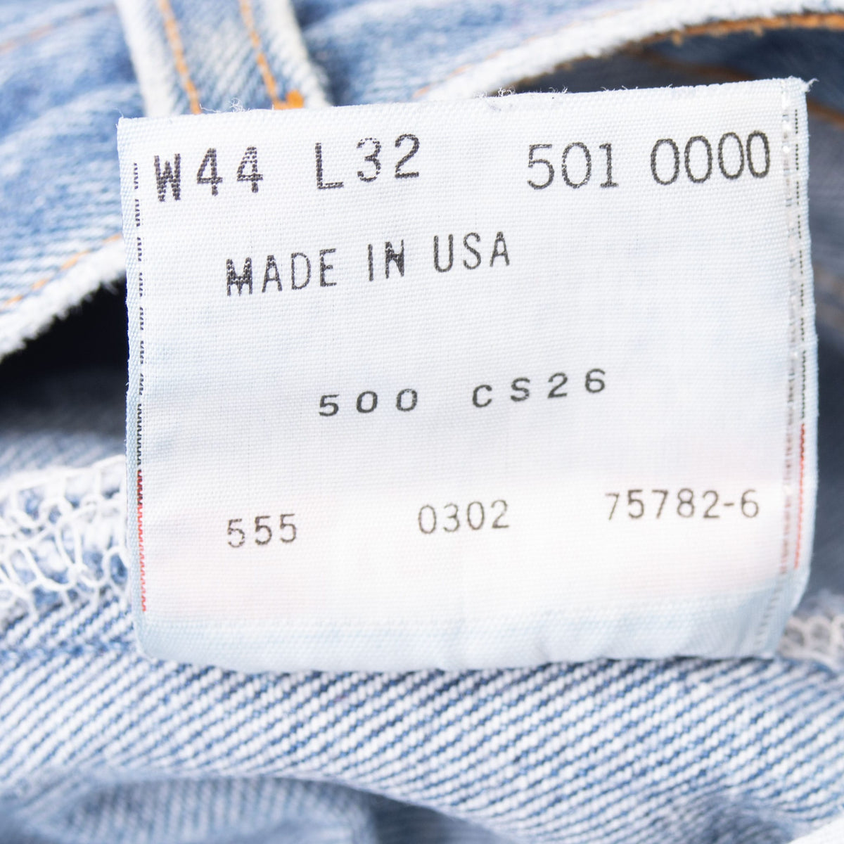 Levi's 501 interior tag marked W44 L32, Made in USA and 555
