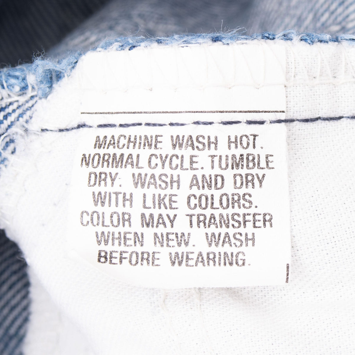 Close-up of the interior Levi's jeans care instruction label