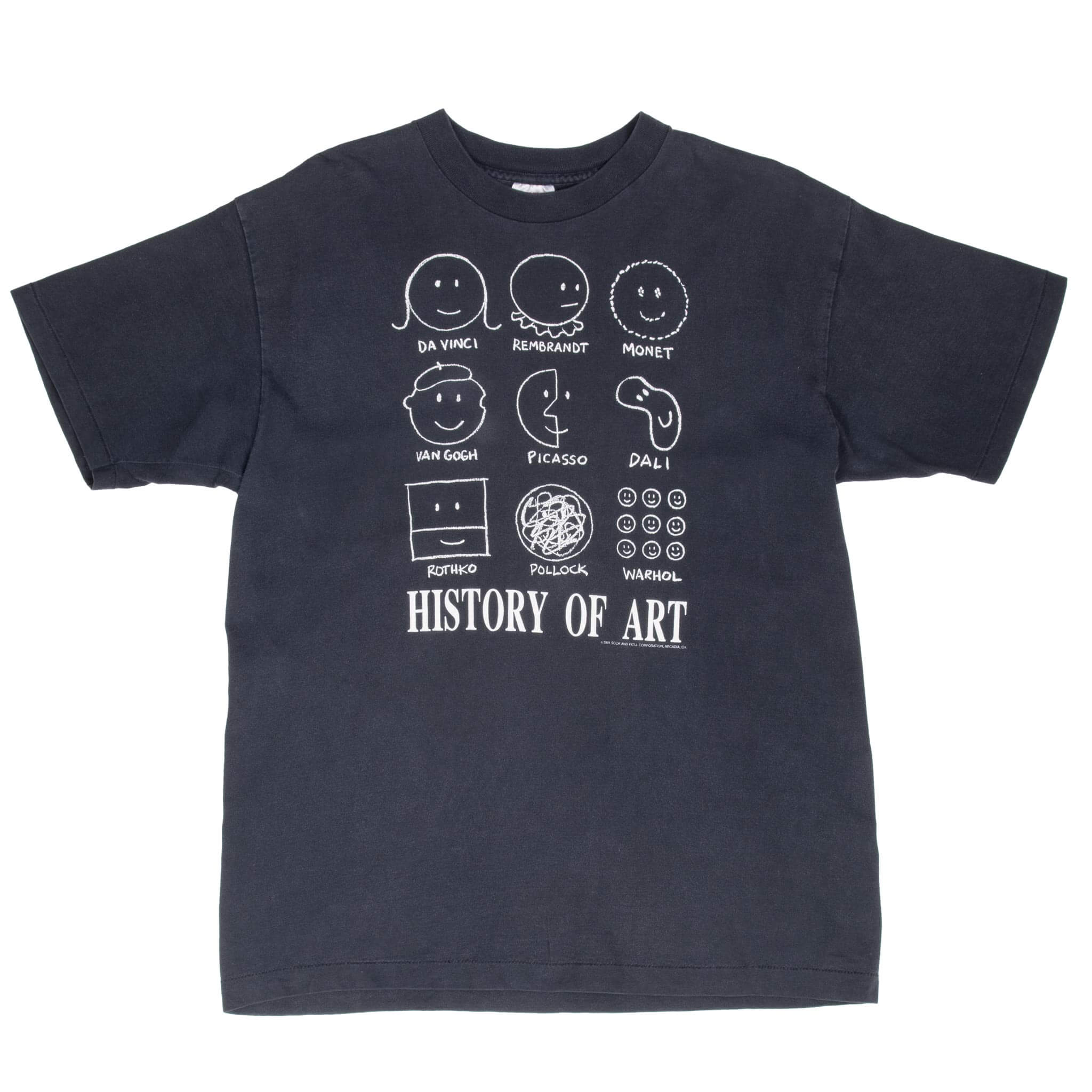 Vintage History Of Art Picasso, Da vinci, Rembrandt, Monet, Van Gogh, Dali, Rothko, Pollock, Warholl Tee Shirt 1991 Size Large Made In Usa With Single Stitch Sleeves