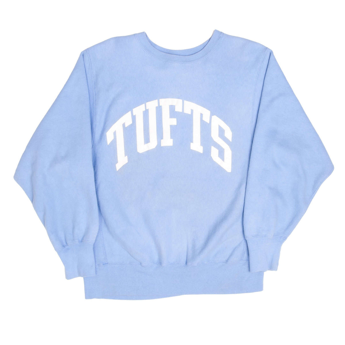 Full front view of blue Champion Reverse Weave Tufts University sweatshirt