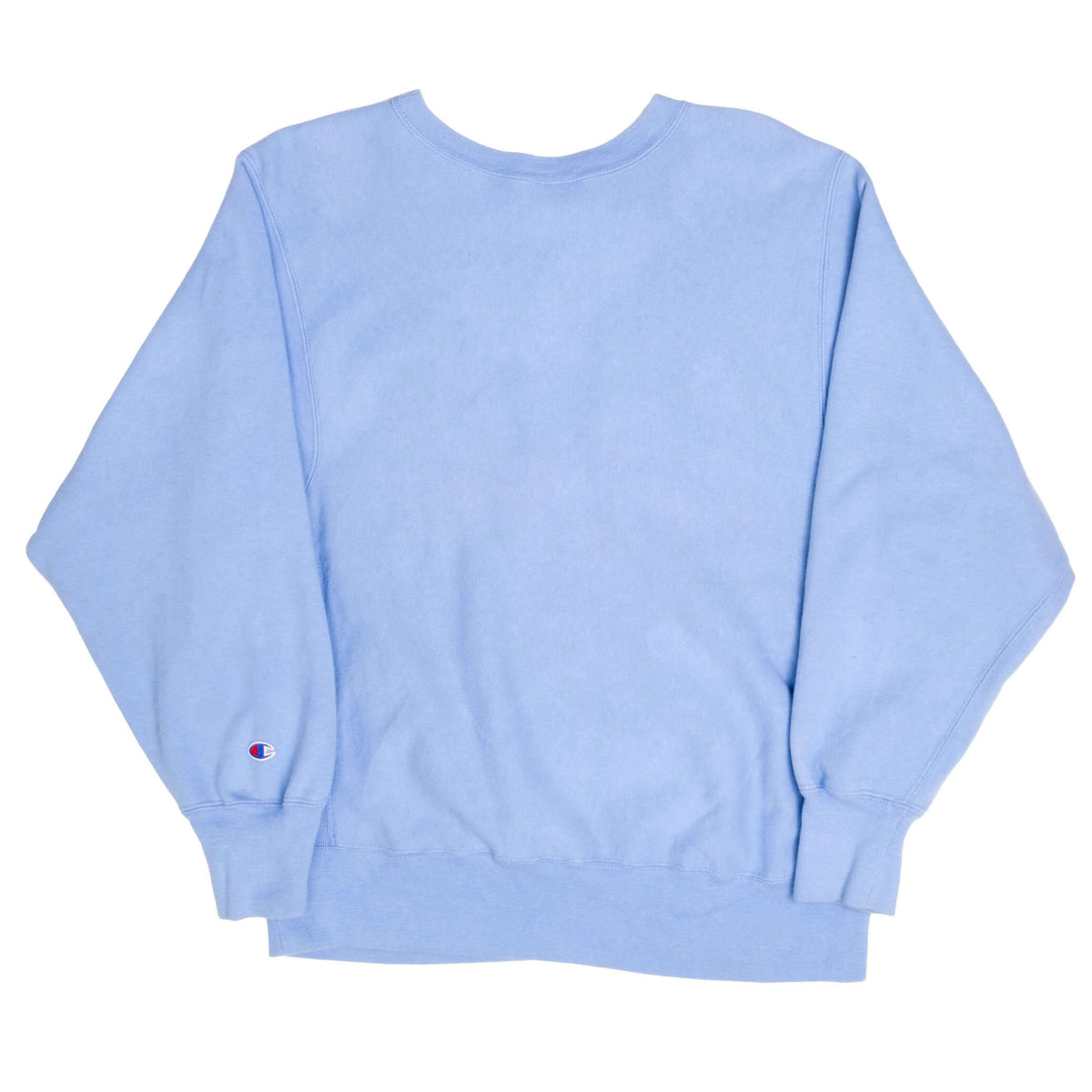 Back of blue Champion Reverse Weave sweatshirt with logo patch on sleeve