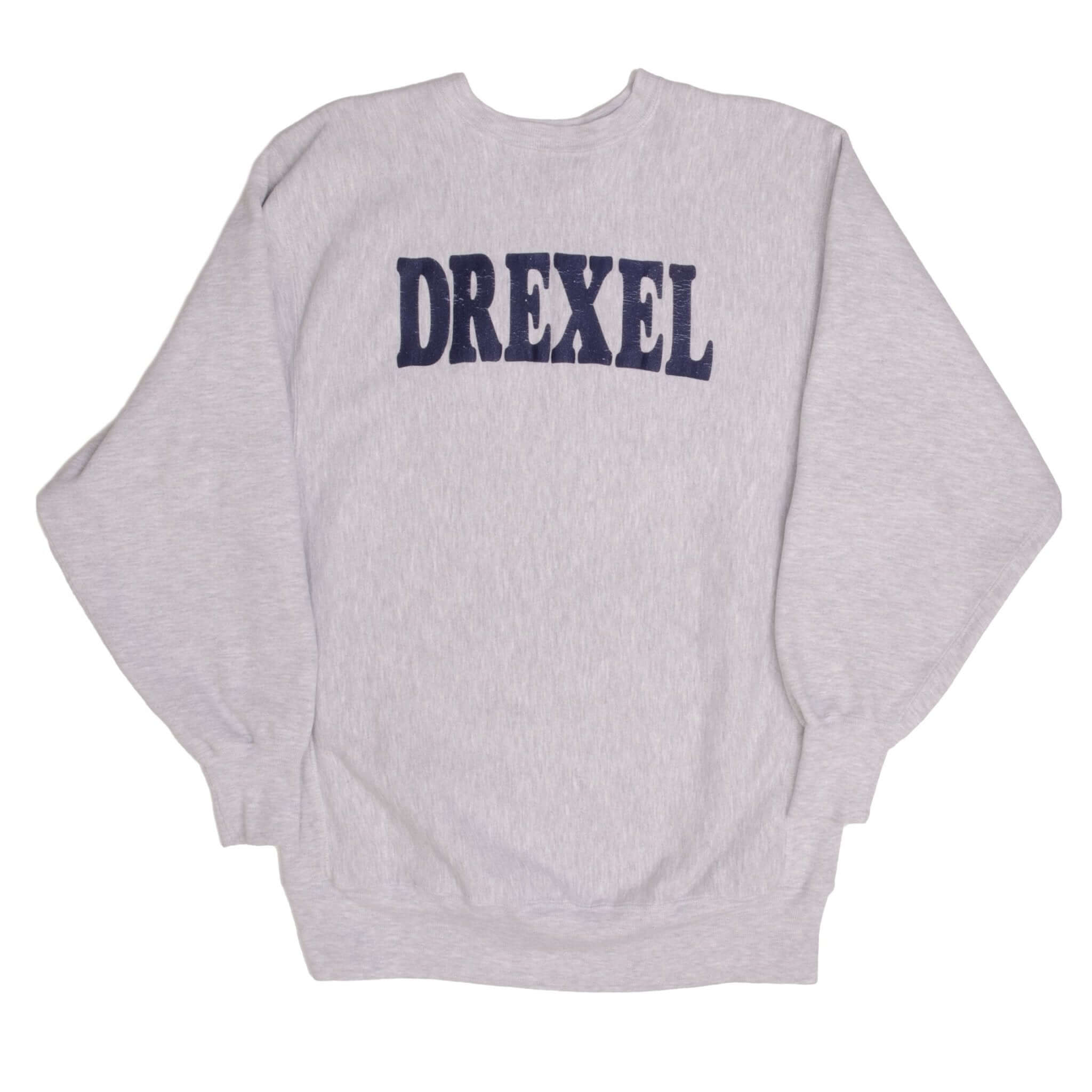 Full front view of grey Champion Reverse Weave sweatshirt with navy DREXEL lettering