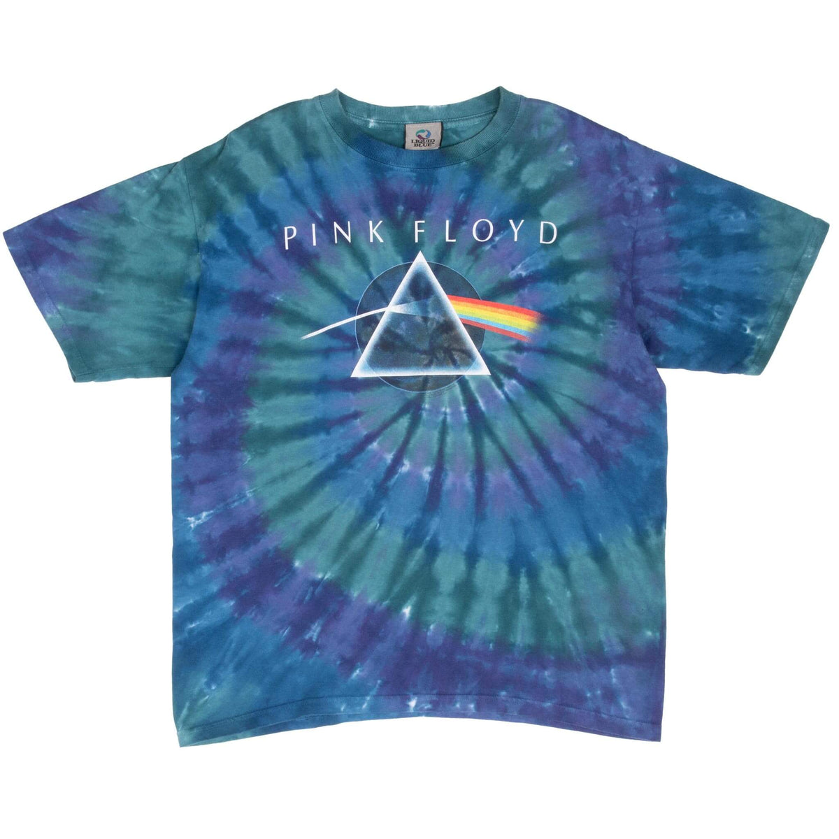 Front of Pink Floyd blue and green tie-dye T-shirt with prism and rainbow graphic