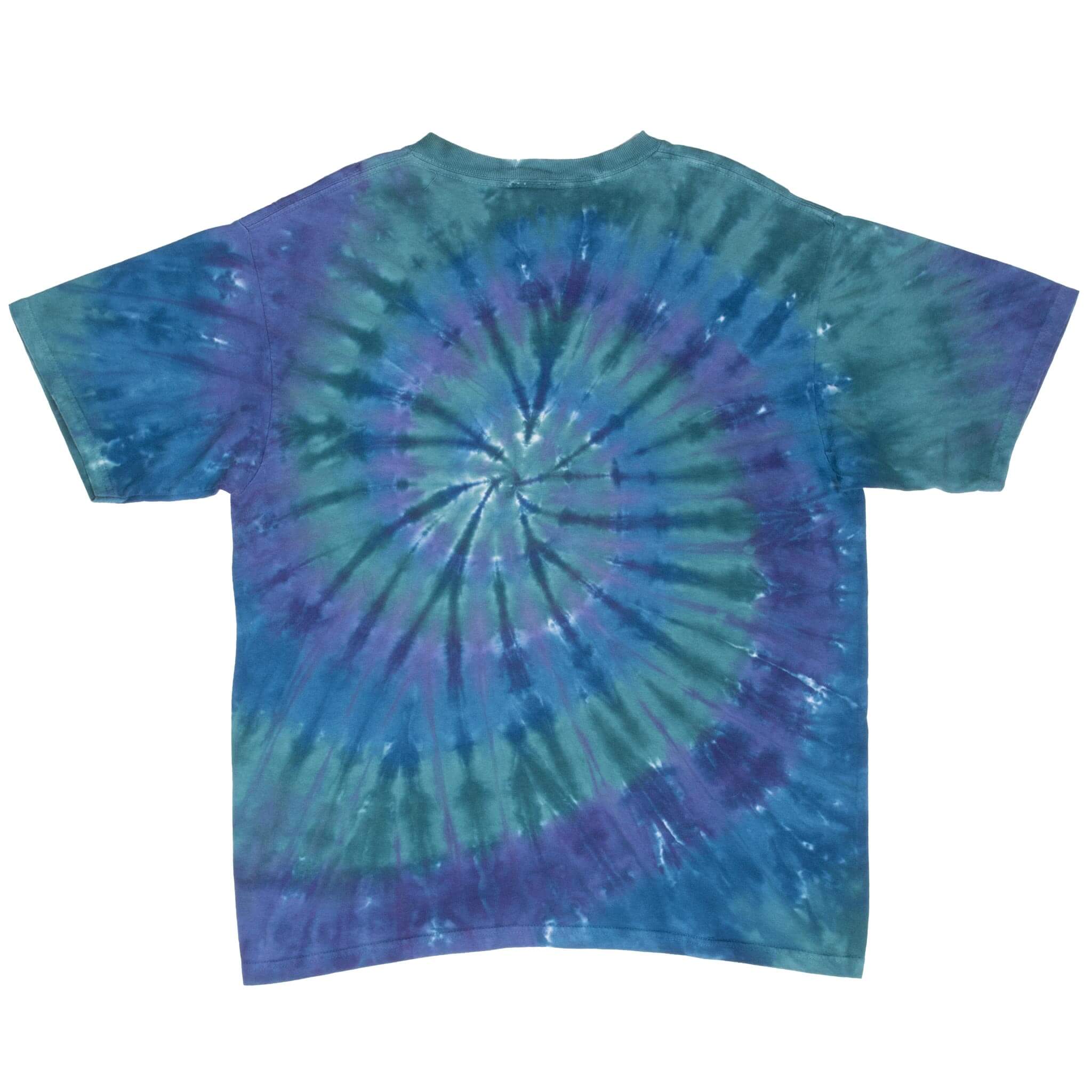 Back of Pink Floyd T-shirt with blue, green and purple spiral tie-dye pattern