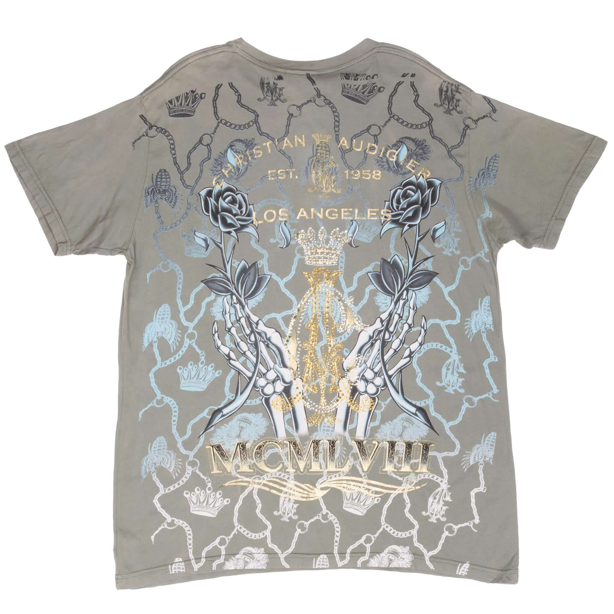 Vintage Christian Audigier Rhinestones Skull All Over Print Tee Shirt 2000S Size XL Made In Usa