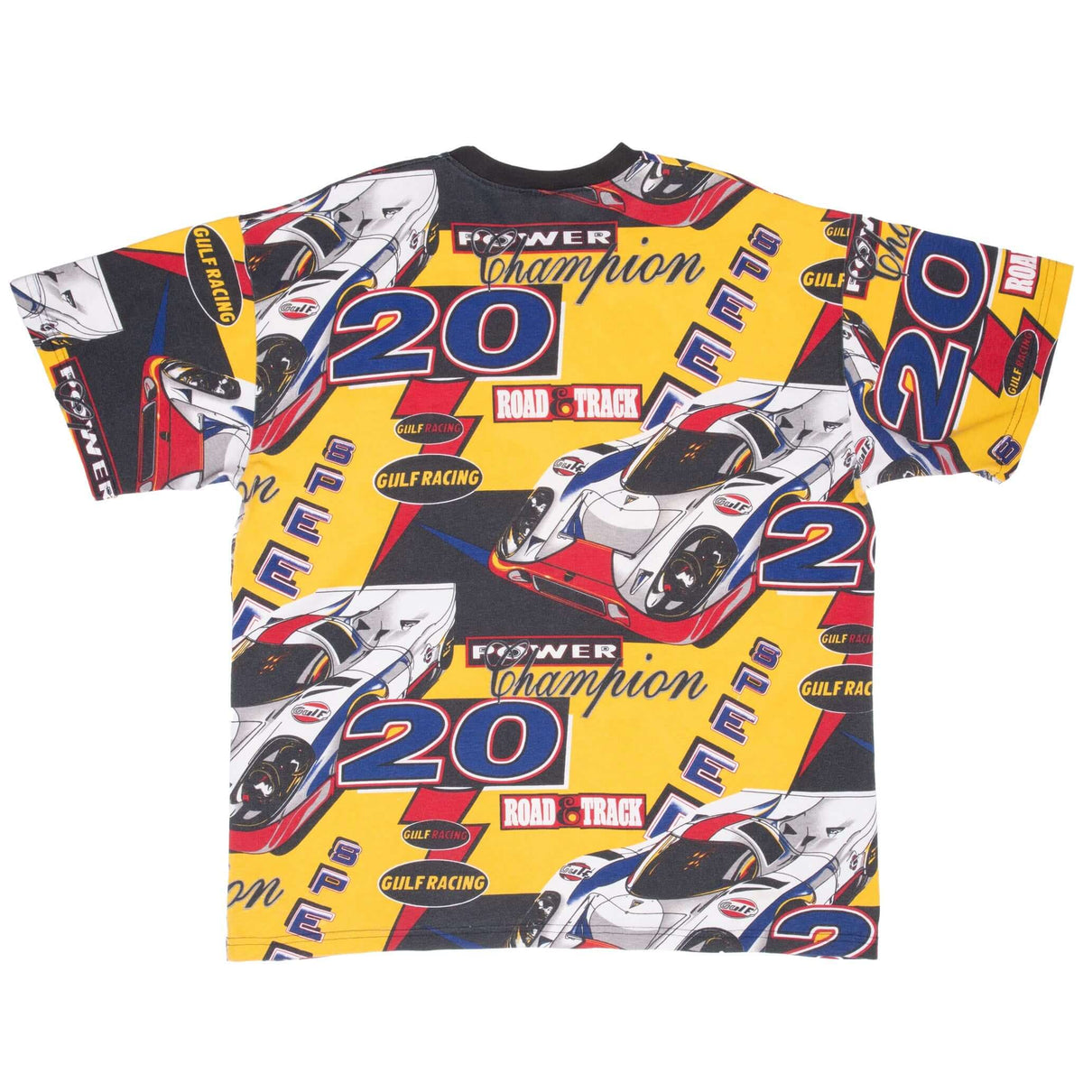 Back of Gulf Racing tee with race cars, number 20, and yellow all-over print
