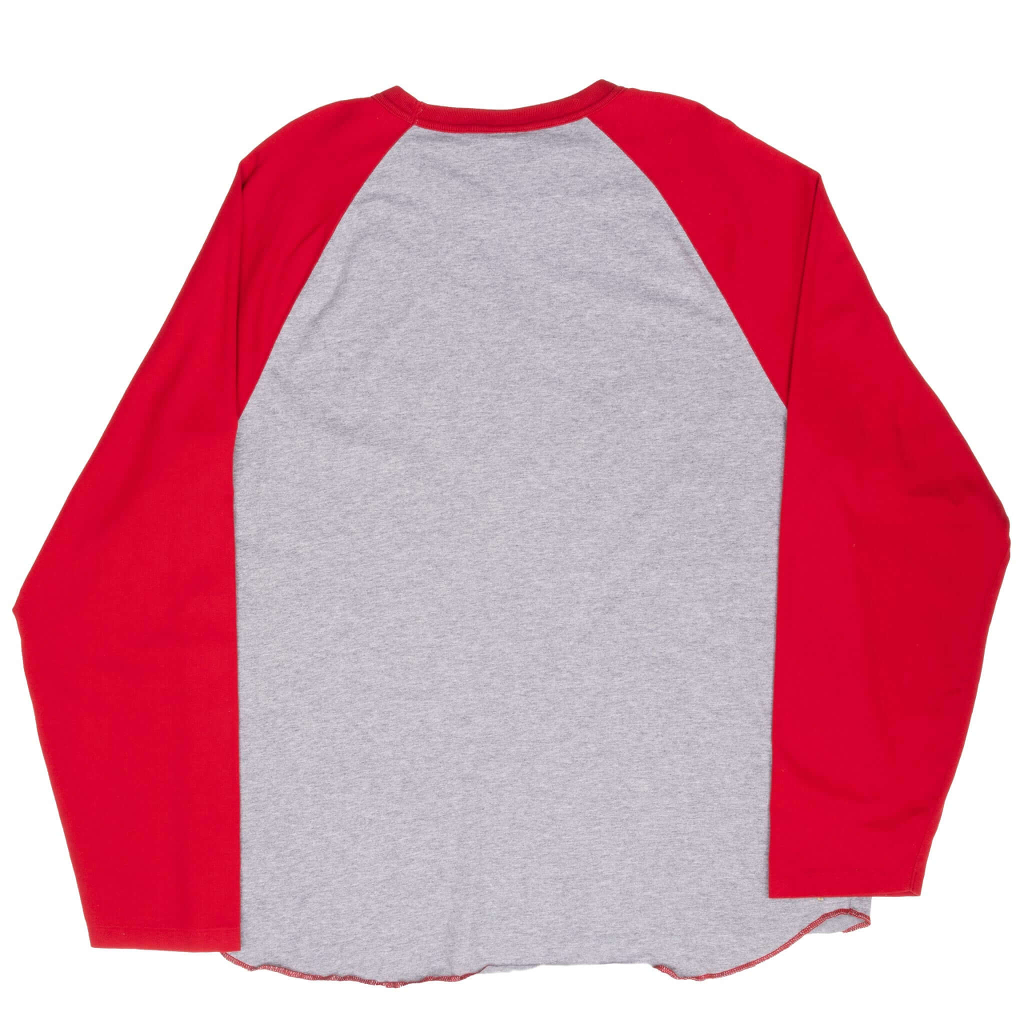 Back of Ralph Lauren Polo Jeans raglan shirt with plain gray body and red long sleeves