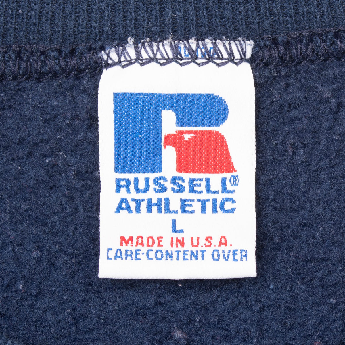 Russell Athletic size L Made in USA care label inside navy sweatshirt