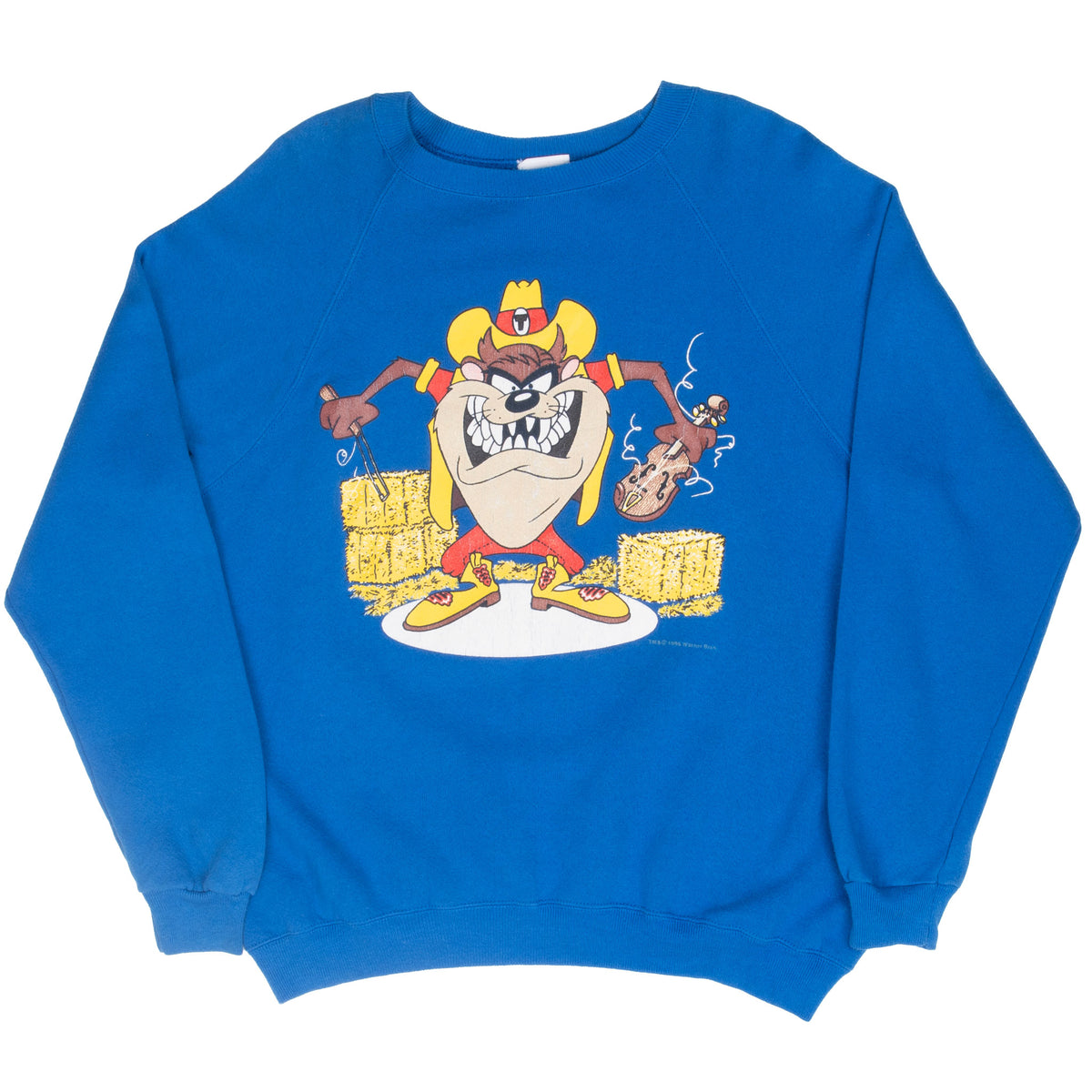Full front view of blue Looney Tunes Taz cowboy sweatshirt