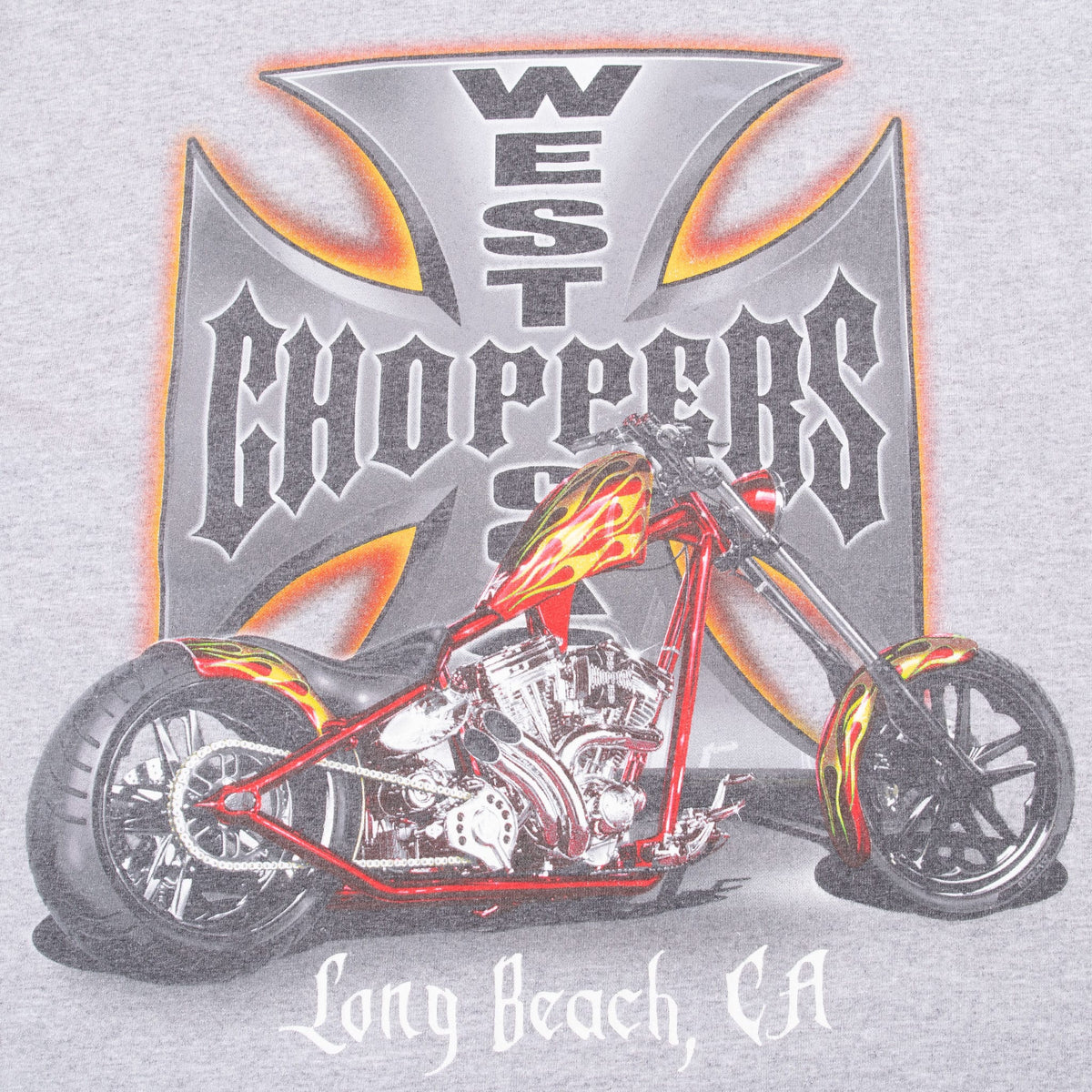 Close-up of back print with flame-painted motorcycle, West Coast Choppers logo and Long Beach, CA text