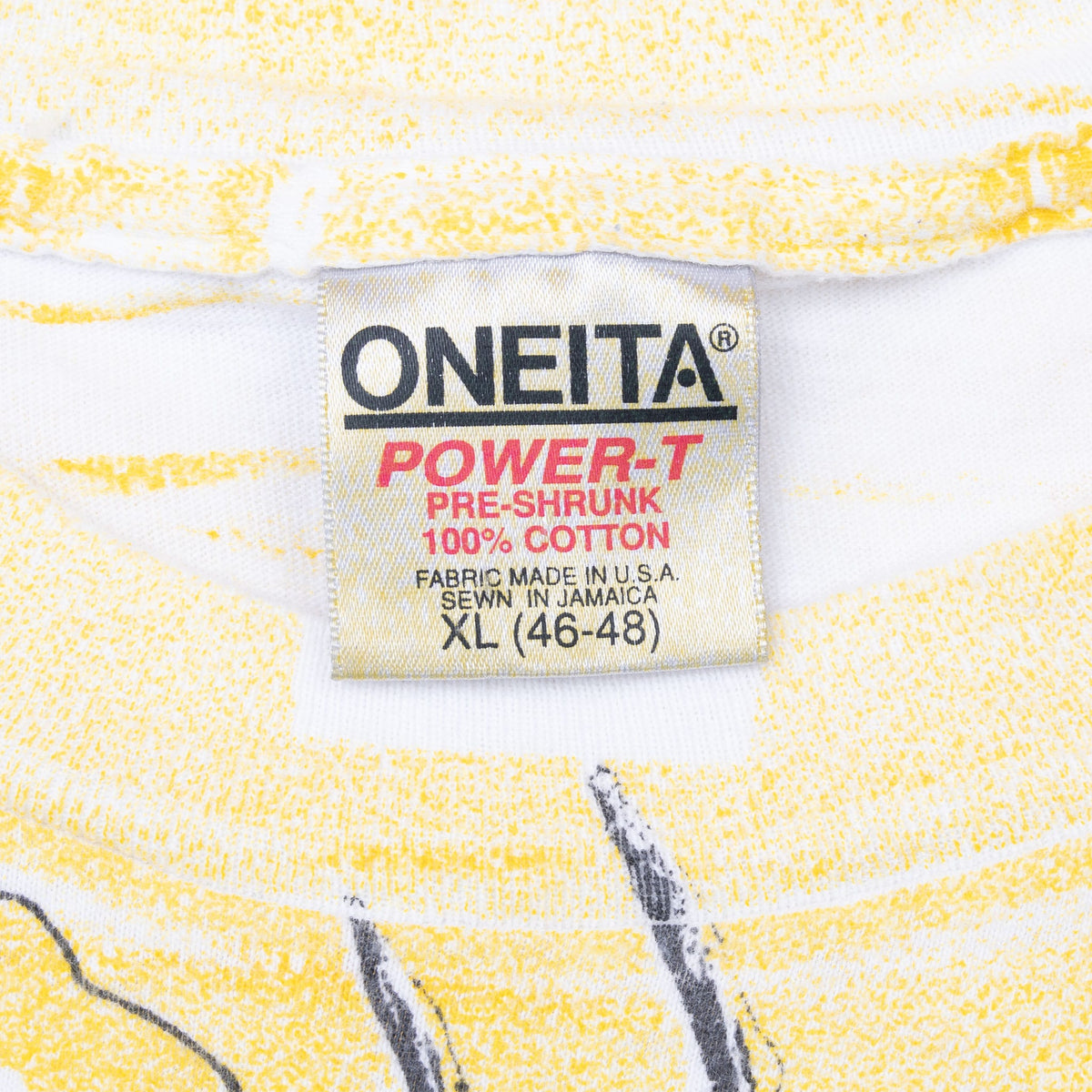Close-up of Oneita Power-T neck label marked XL 46–48