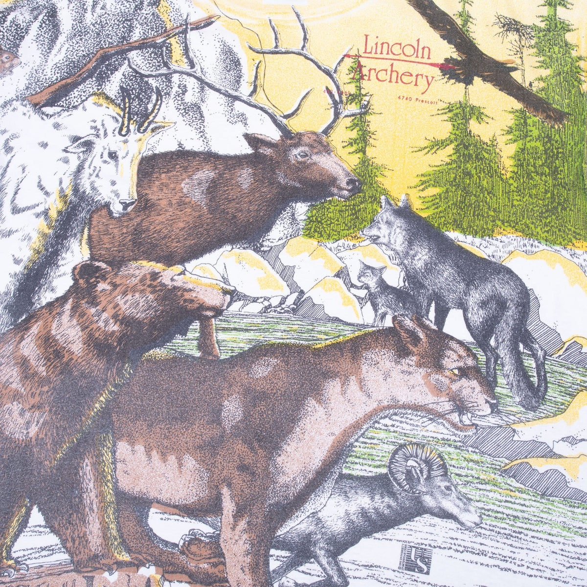 Wildlife print detail with elk, bear, mountain lion, wolf and bighorn sheep in mountain scenery