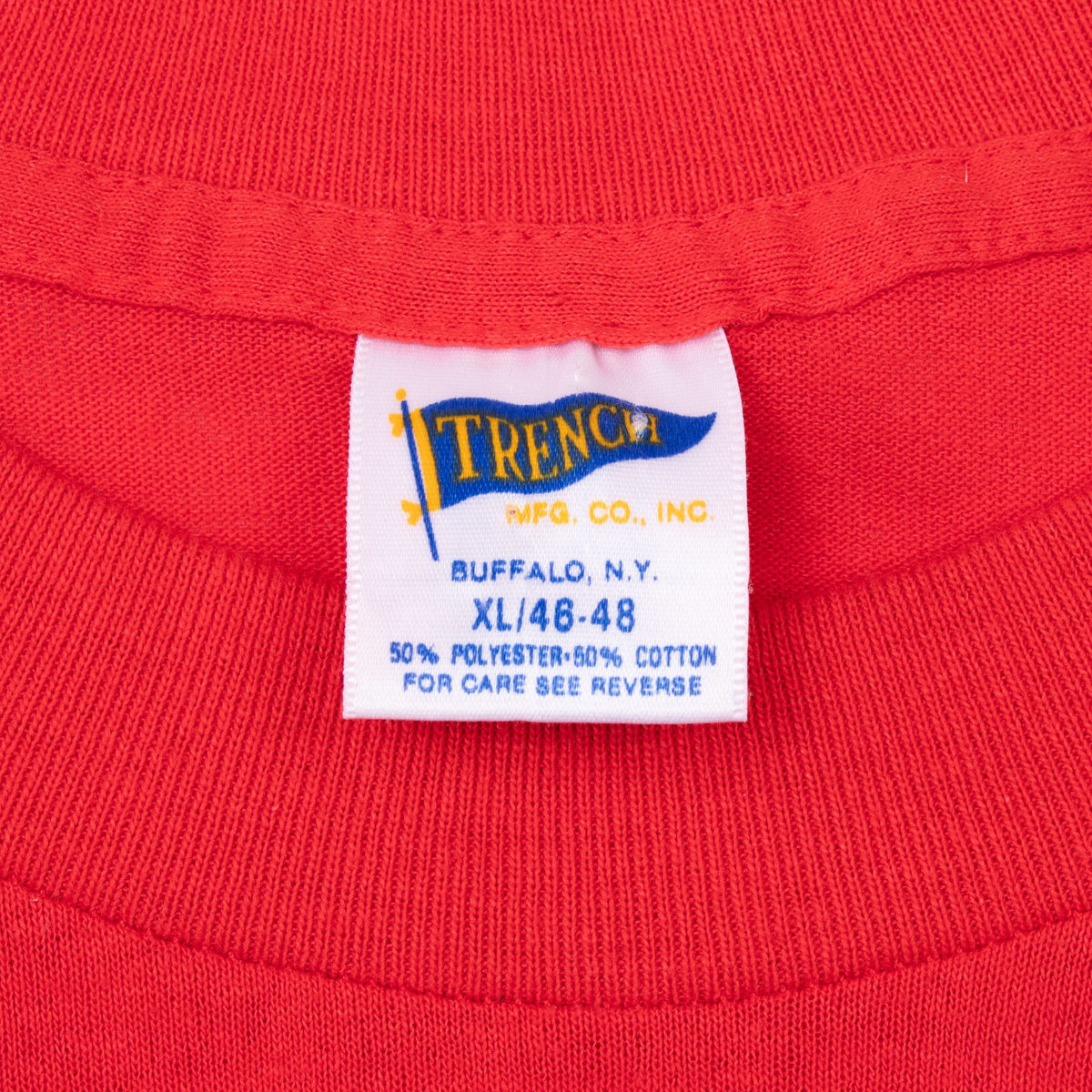 Trench neck tag marked XL 46–48 and 50% polyester, 50% cotton