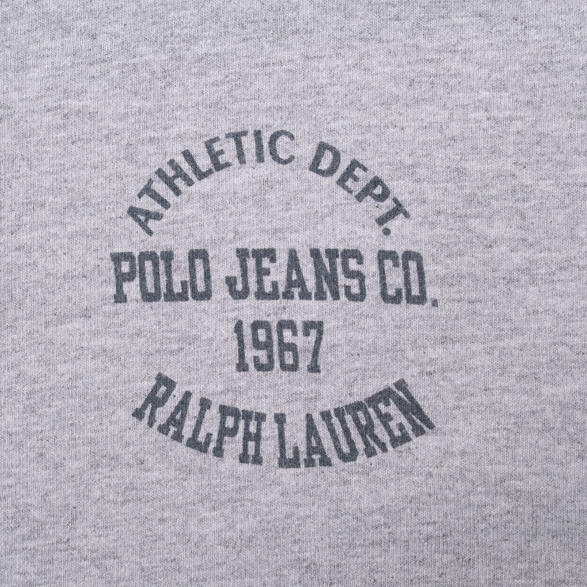 Close-up of dark Athletic Dept. Polo Jeans Co. 1967 Ralph Lauren chest print