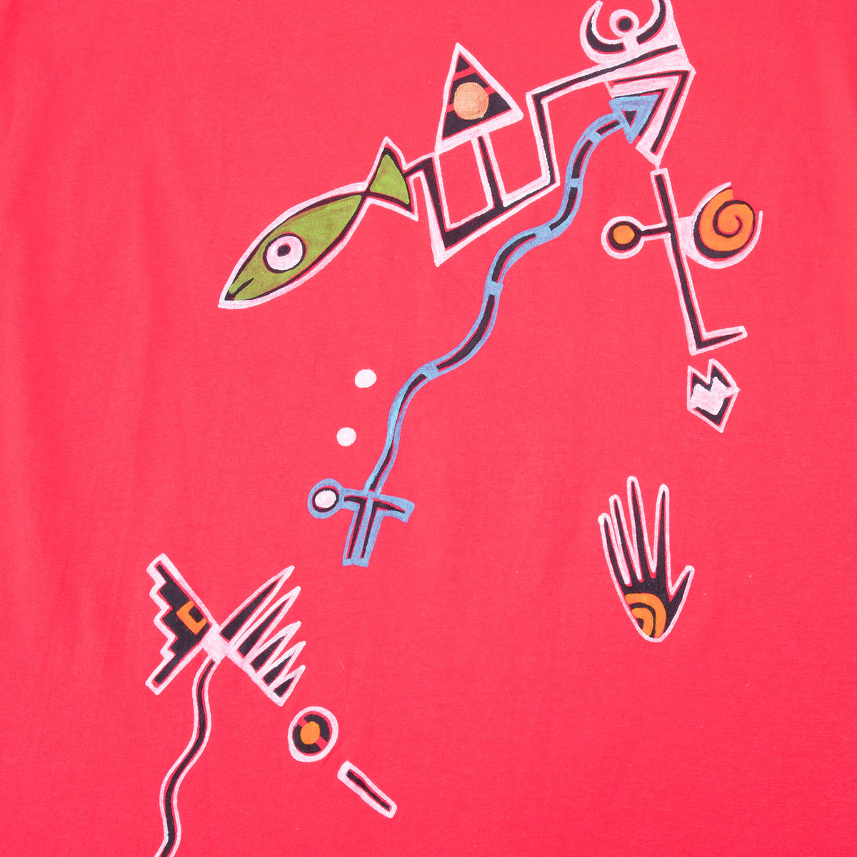 Close-up of hand-painted fish, hand, bird and geometric symbols on back