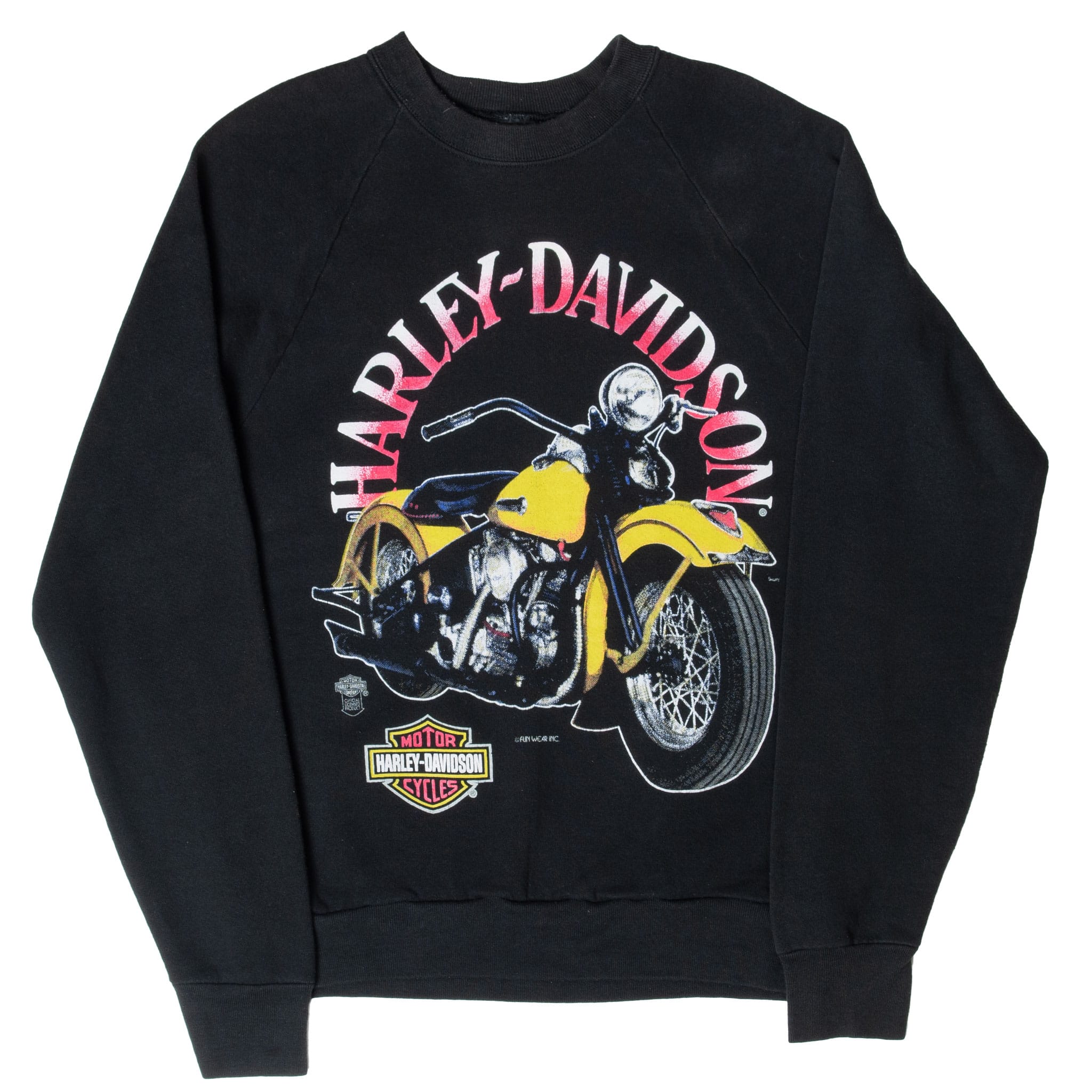 Full front view of black Harley-Davidson raglan sweatshirt with multicolor motorcycle print