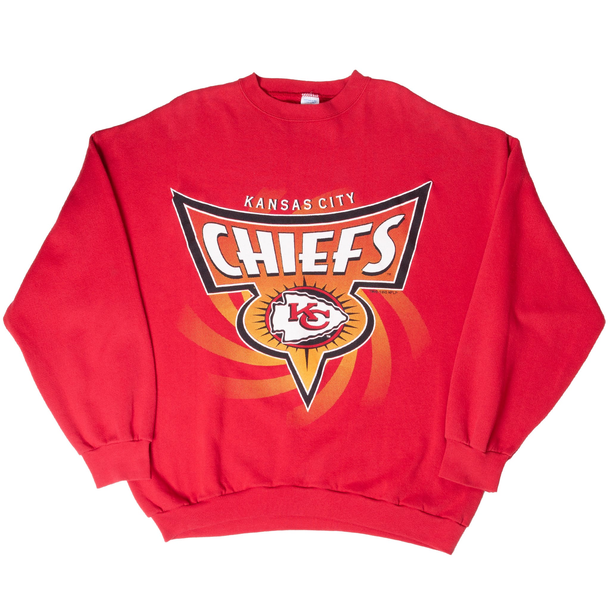 Full front view of red Kansas City Chiefs sweatshirt with ribbed cuffs and hem