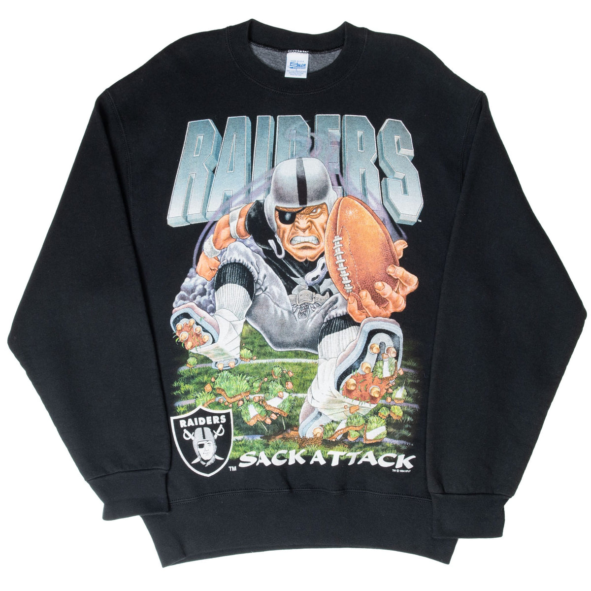 Full front view of black Raiders sweatshirt with football player, shield logo and Sack Attack print