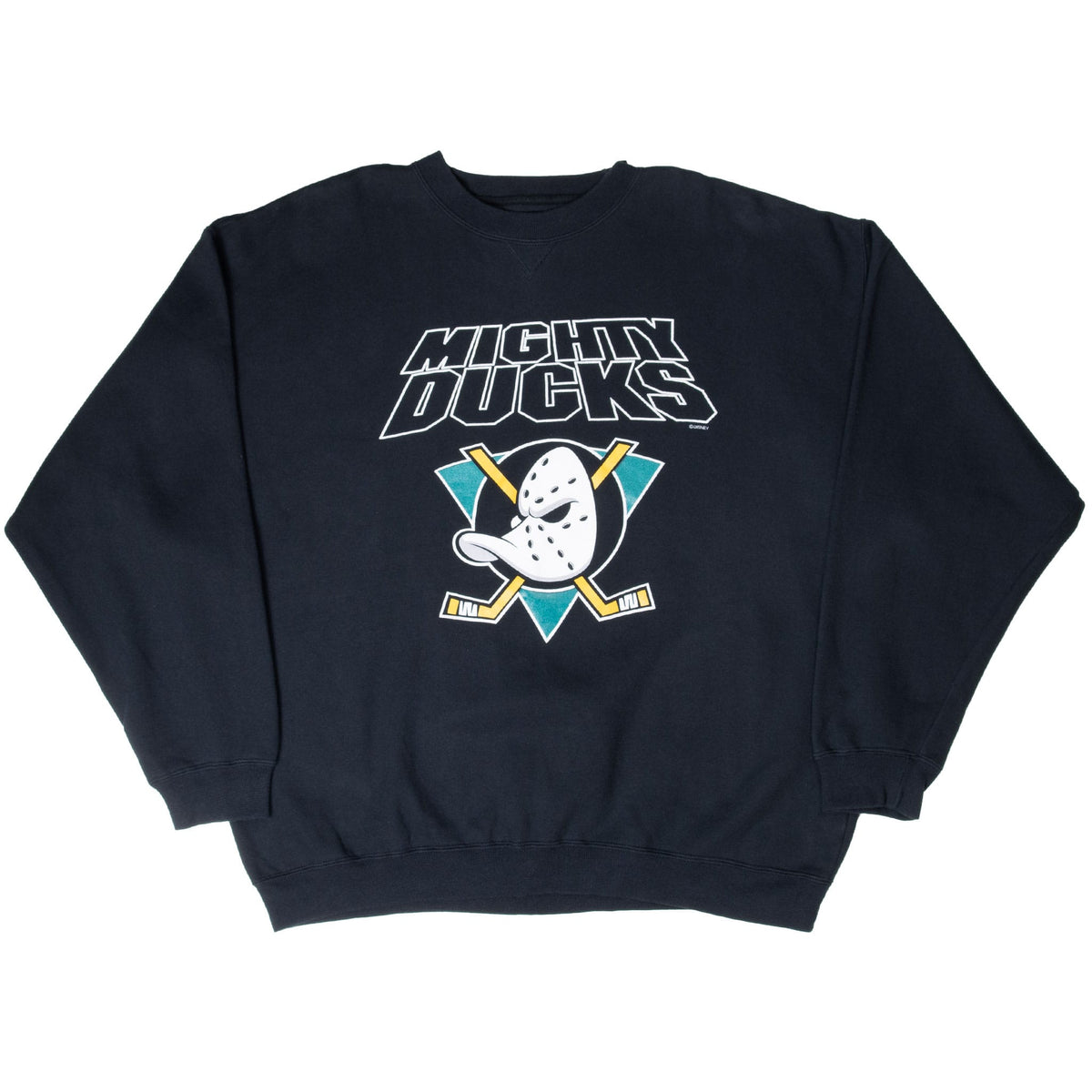 Full front view of black Anaheim Mighty Ducks sweatshirt with centered team graphic