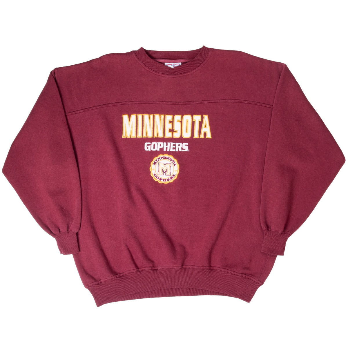 Full front view of maroon Minnesota Golden Gophers embroidered crewneck sweatshirt