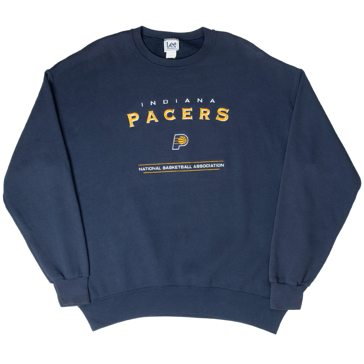 Full front view of navy Indiana Pacers sweatshirt with gold and white embroidery