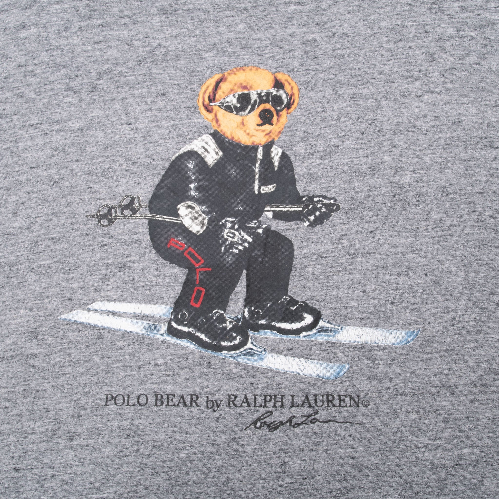 Close-up of Polo Bear skier graphic on gray Ralph Lauren T-shirt