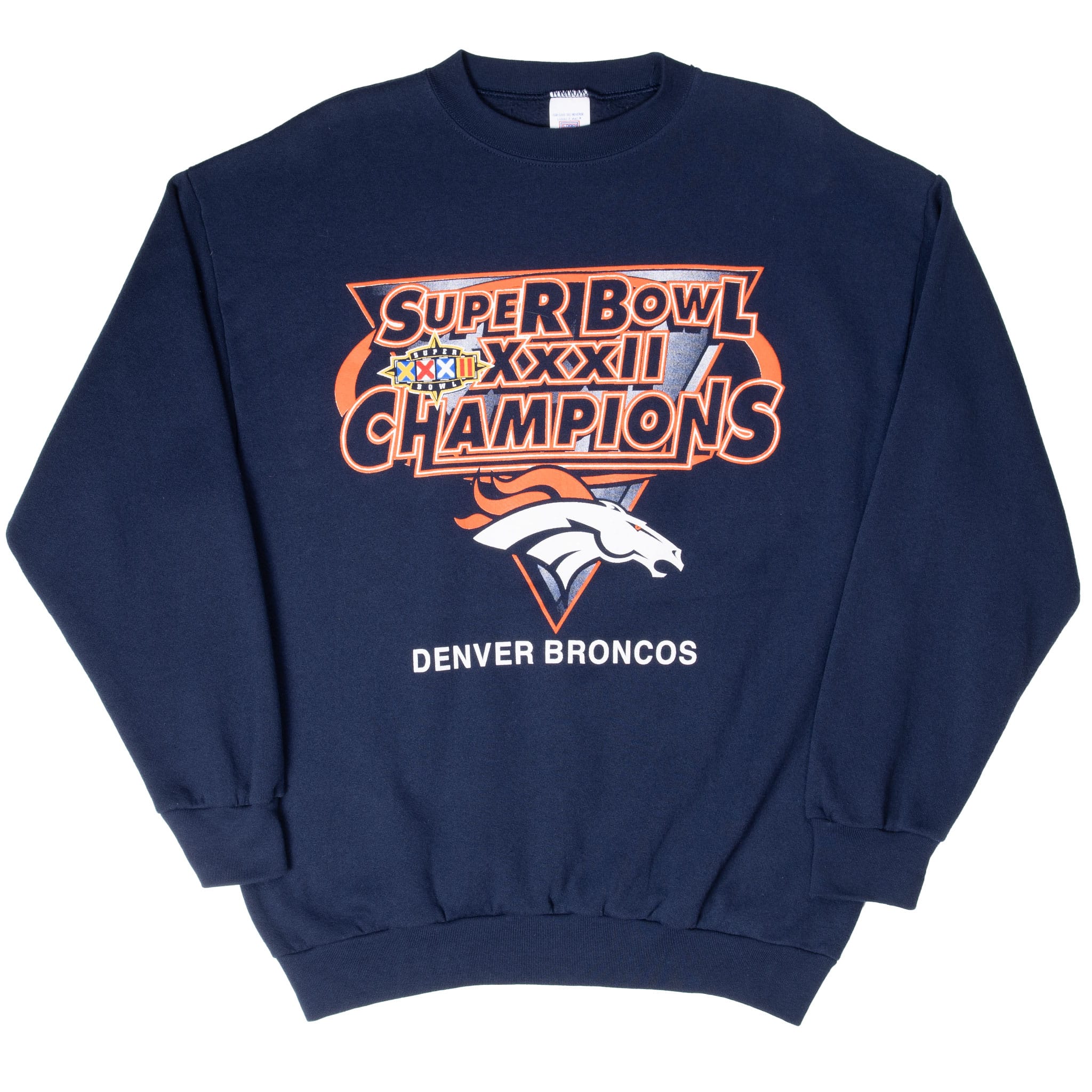 Full front view of navy Denver Broncos Super Bowl XXXIII Champions sweatshirt laid flat