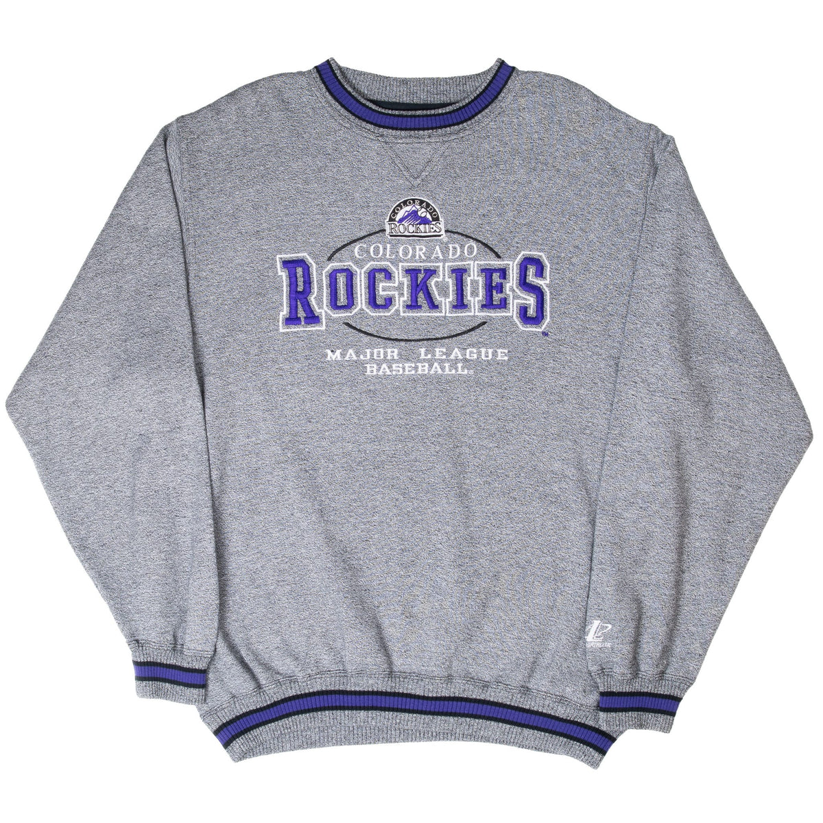Full front view of gray Colorado Rockies sweatshirt with purple, white and black embroidery
