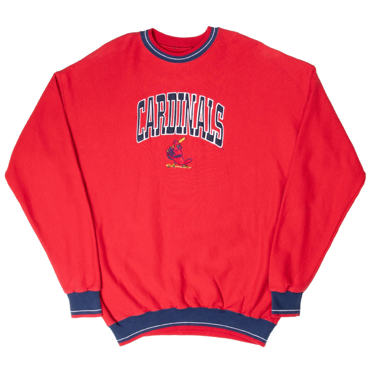 Full front view of red Cardinals sweatshirt with arched lettering and bird logo
