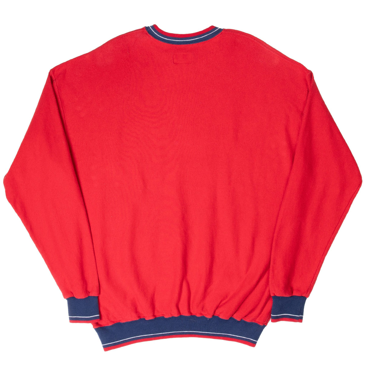 Back of red St. Louis Cardinals sweatshirt with navy striped ribbed trim