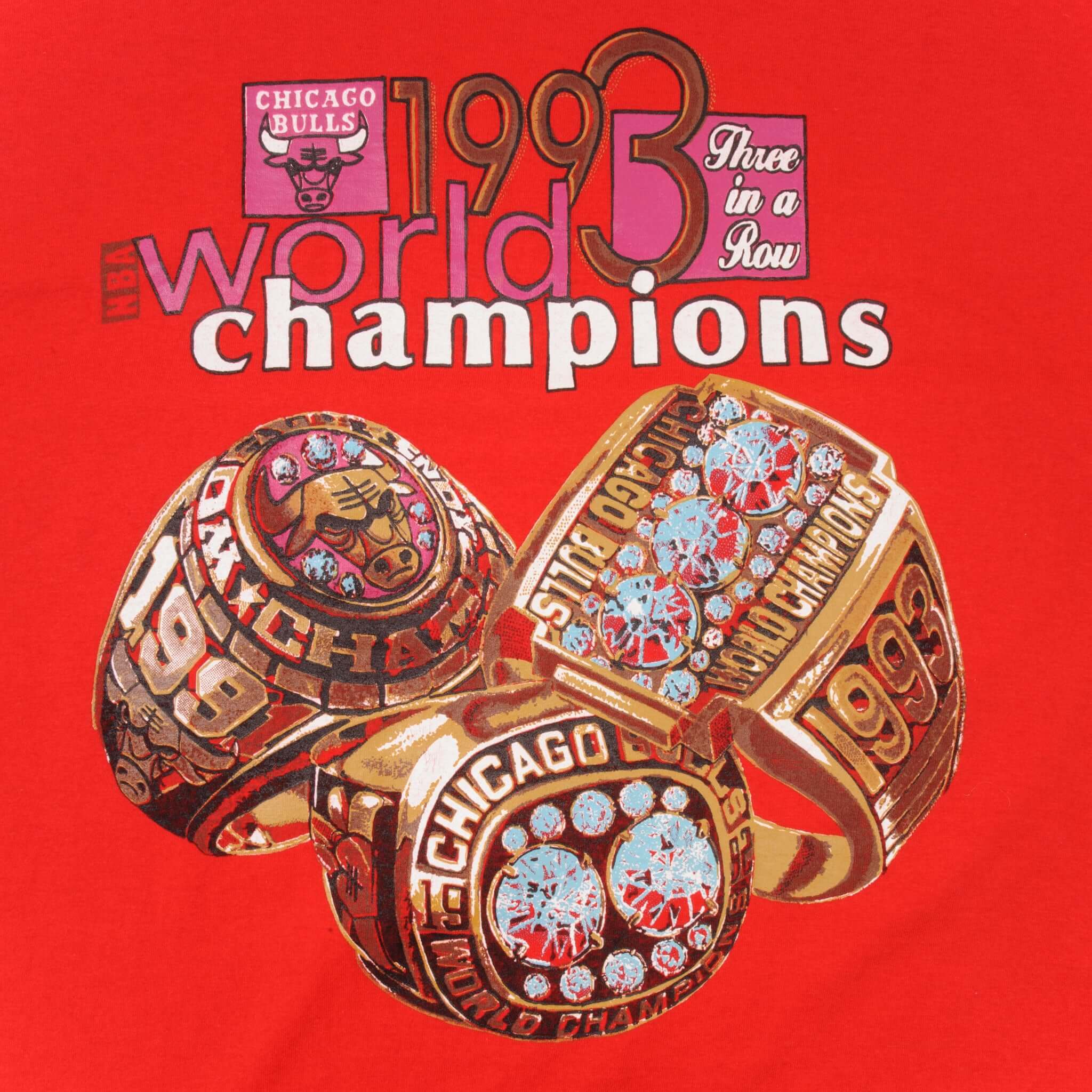 Vintage Red NBA Chicago Bulls 1991 1992 1993 World Champs Tee Shirt Size XL Made In USA With Single Stitch Sleeves