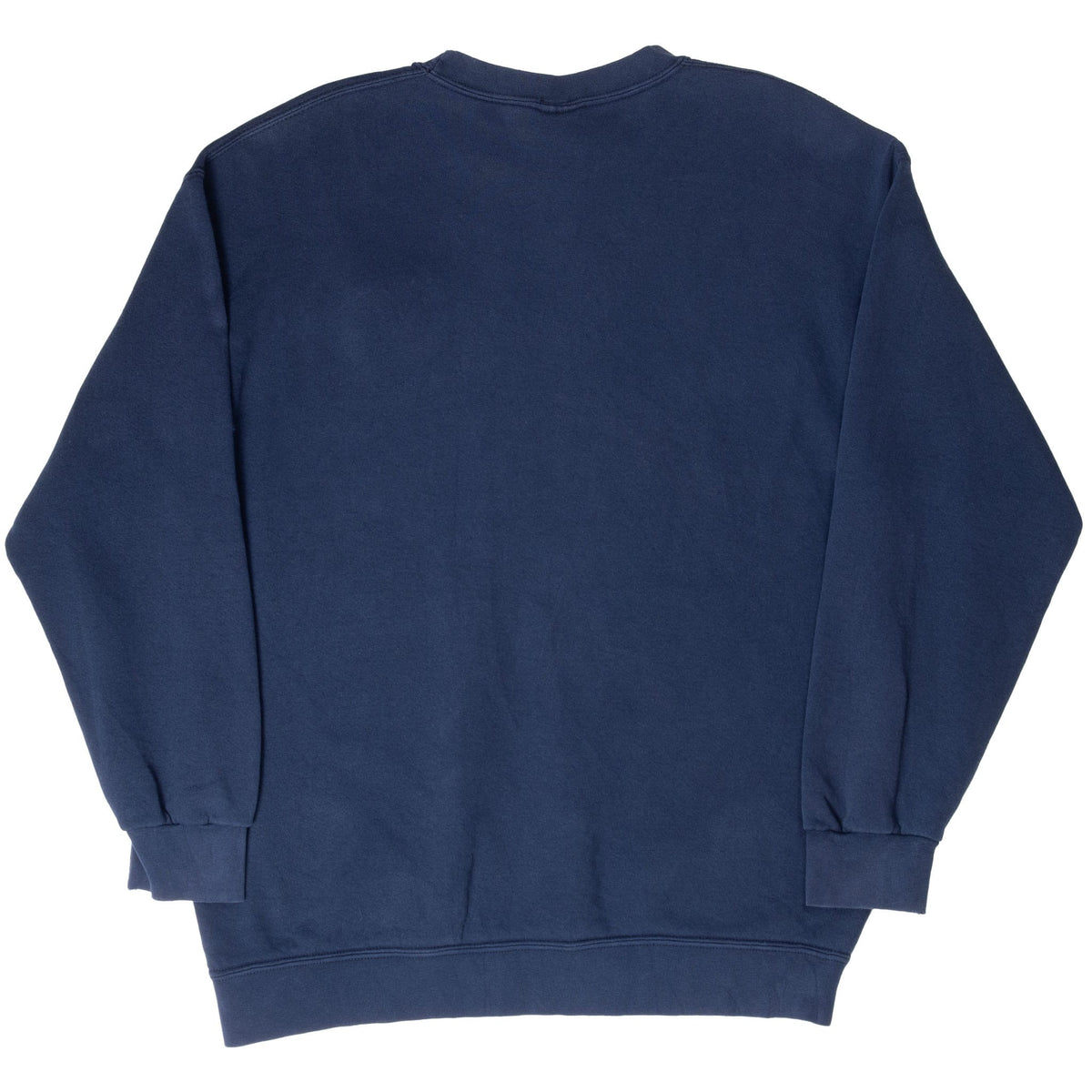 Back of navy Nike crewneck sweatshirt with ribbed cuffs and hem