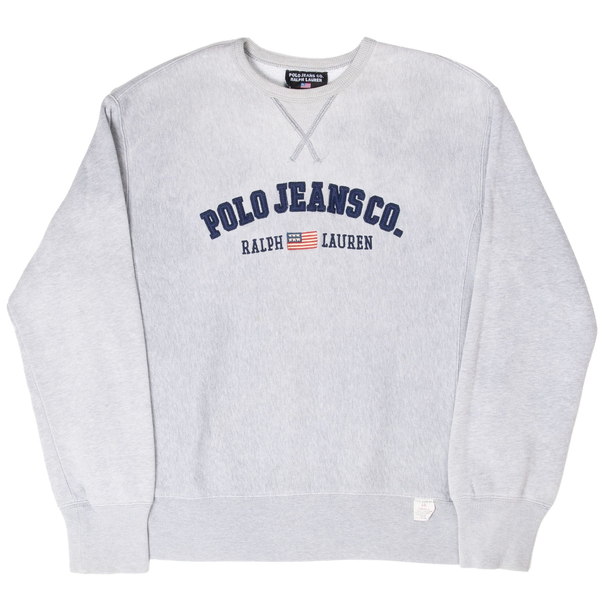 Full front view of grey Ralph Lauren Polo Jeans crewneck sweatshirt