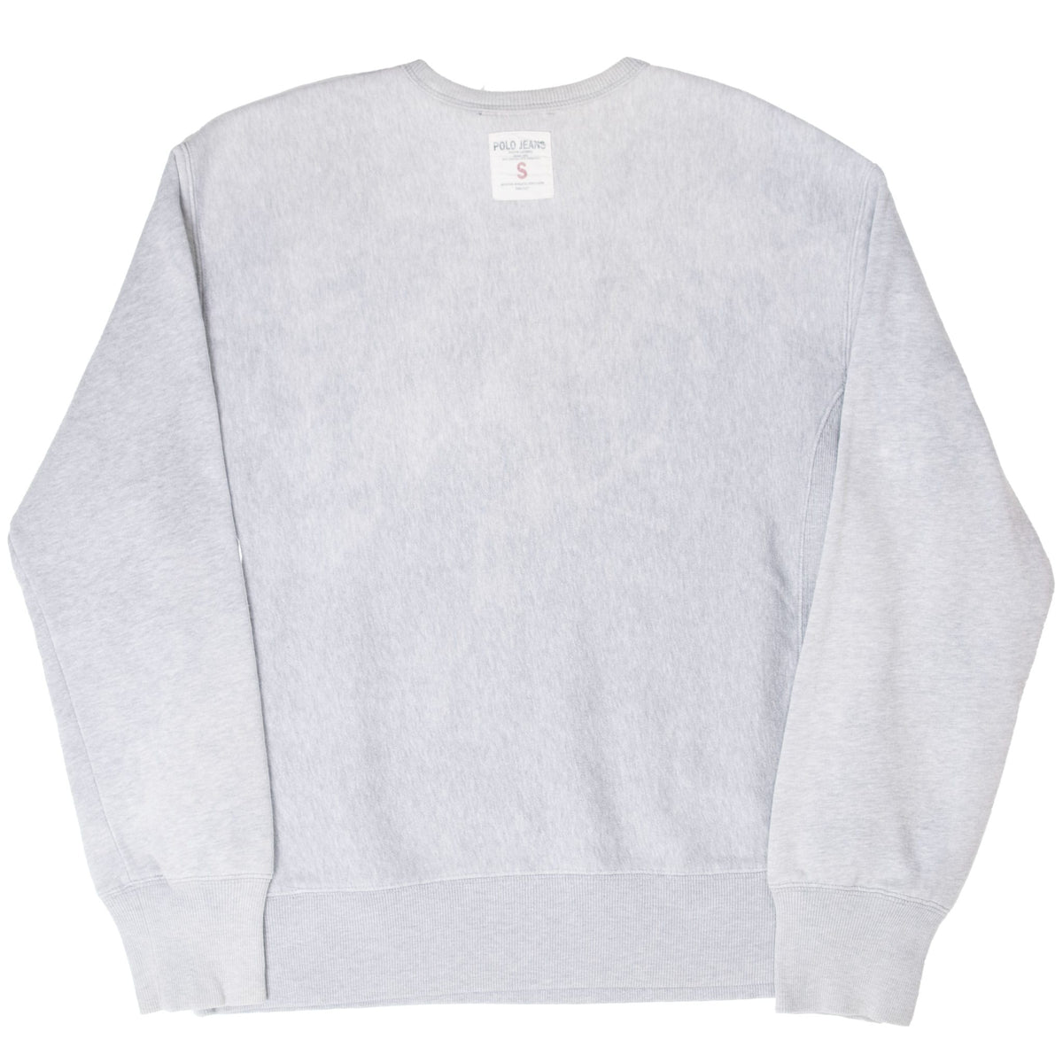 Back of grey Ralph Lauren Polo Jeans crewneck sweatshirt with ribbed cuffs and hem