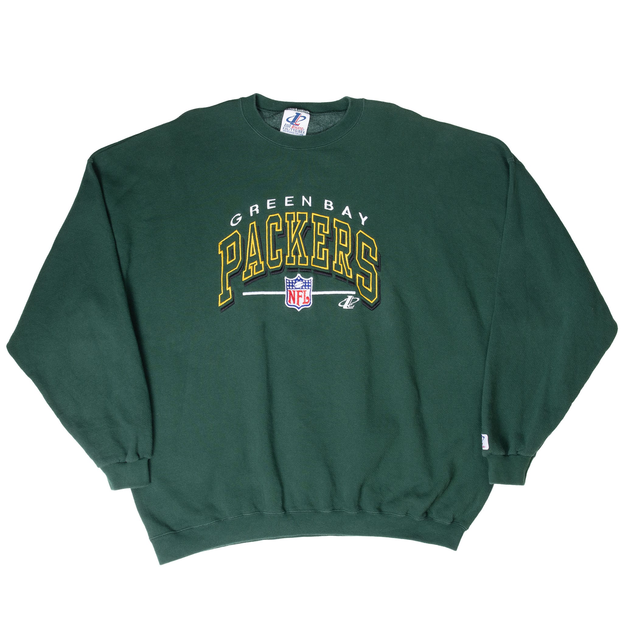 Full front view of green Green Bay Packers embroidered crewneck sweatshirt