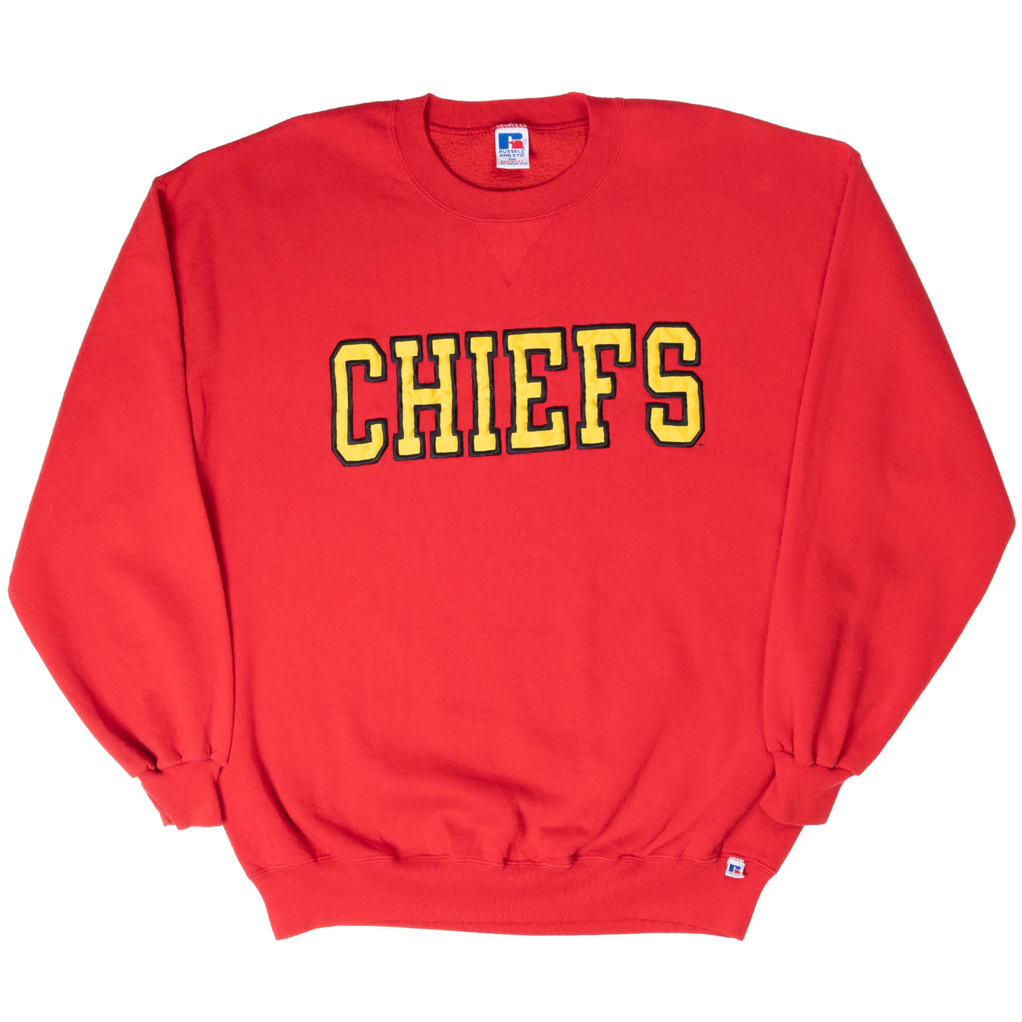 Full front view of red Russell Athletic Chiefs crewneck sweatshirt